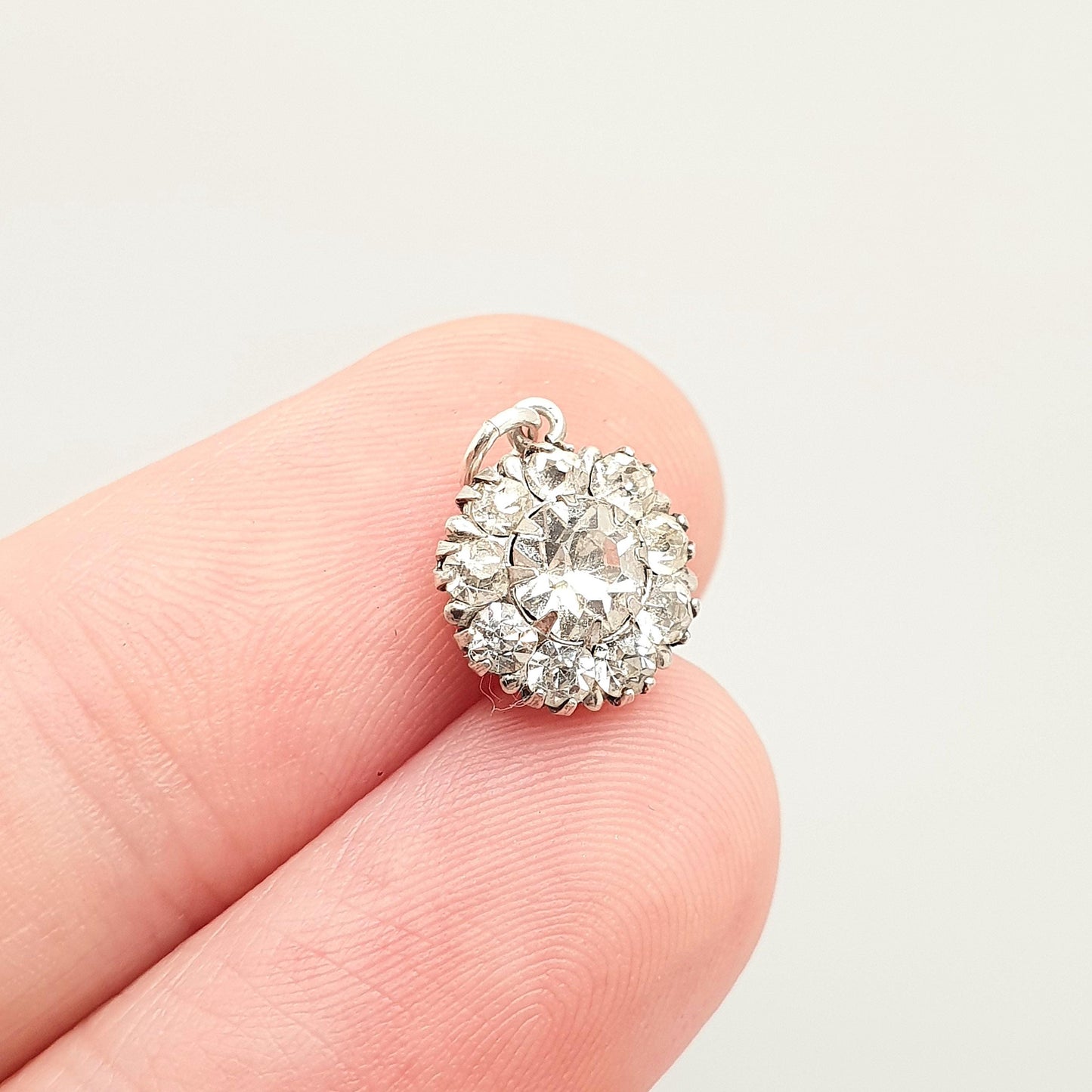 Antique Solid Silver Diamond Paste Pendant Cluster Necklace Small Tiny Flower Art Deco Shape Sparkly Glass Gemstone 1920s Vintage Jewelry