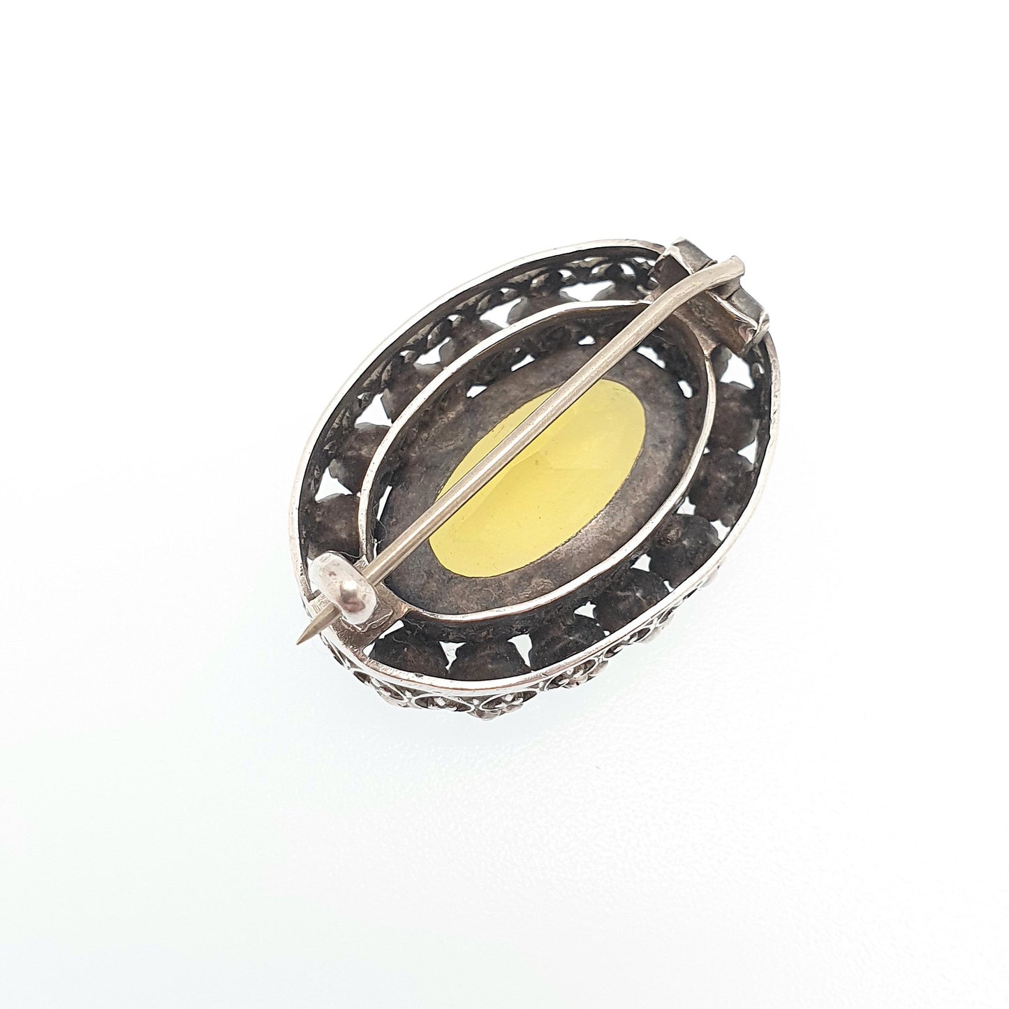 Antique Victorian Solid Silver Citrine Paste Brooch Diamond Paste Cluster Halo Heart Border Large Big Oval Cut Vintage Jewelry Jewellery