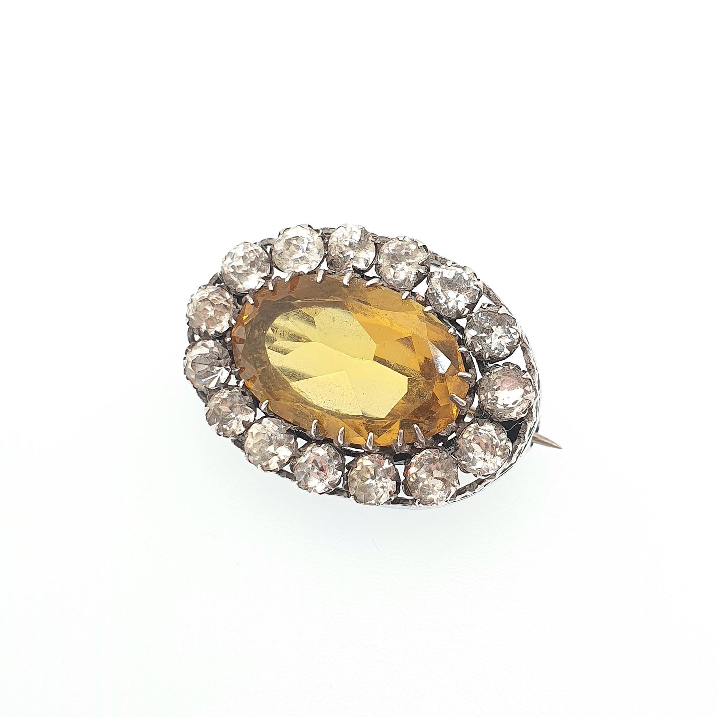 Antique Victorian Solid Silver Citrine Paste Brooch Diamond Paste Cluster Halo Heart Border Large Big Oval Cut Vintage Jewelry Jewellery