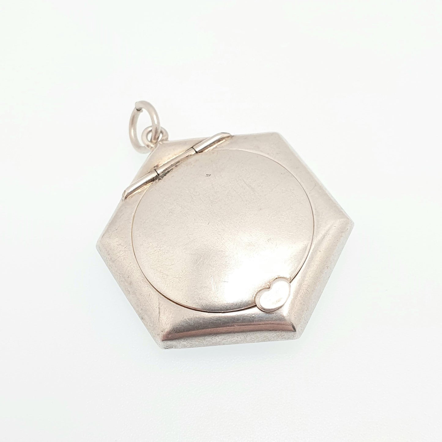 Antique Sterling Silver Powder Compact Locket Pendant Heart Hexagon Mirror 1925 Hallmarked Vintage Solid 925 Womens Jewelry Jewellery