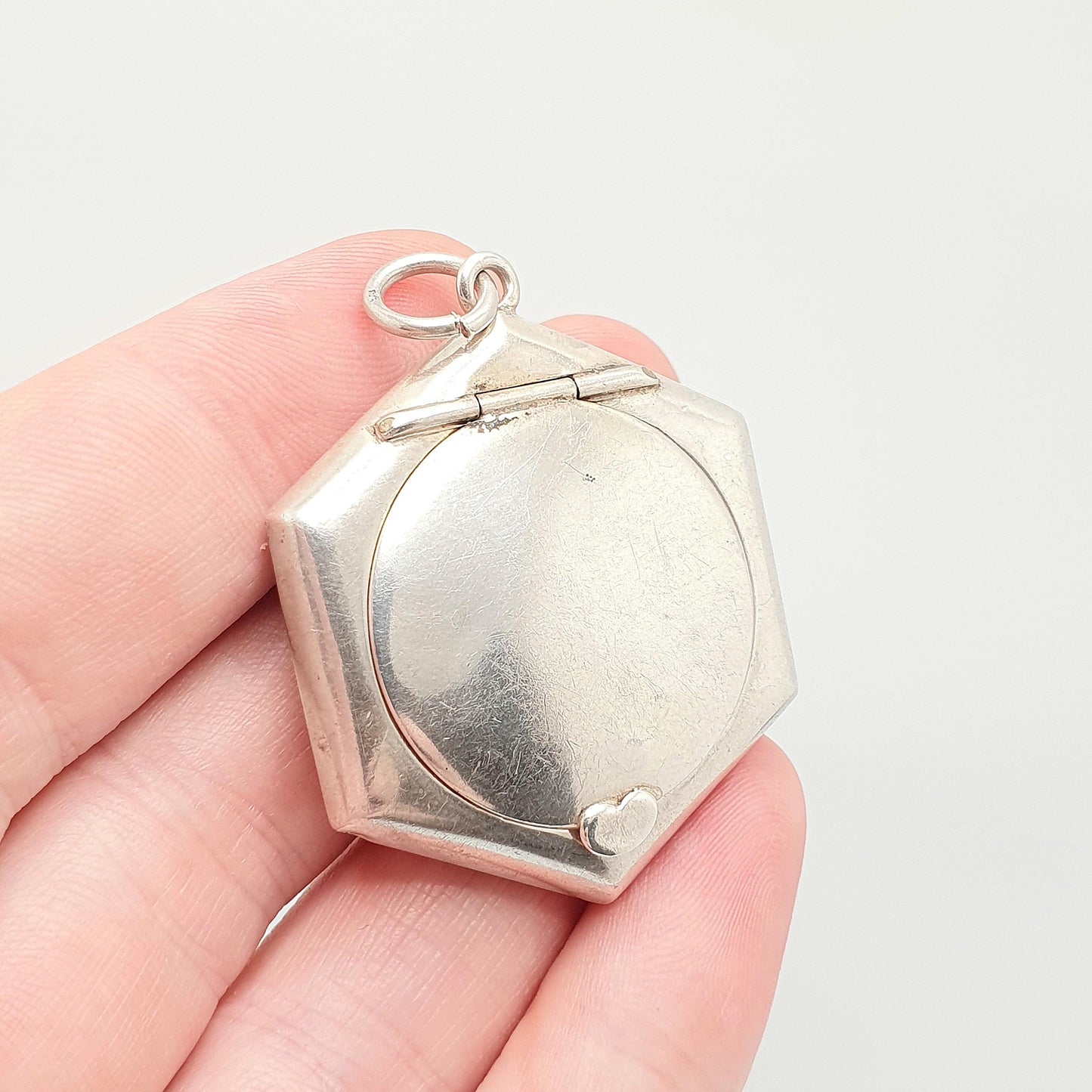 Antique Sterling Silver Powder Compact Locket Pendant Heart Hexagon Mirror 1925 Hallmarked Vintage Solid 925 Womens Jewelry Jewellery