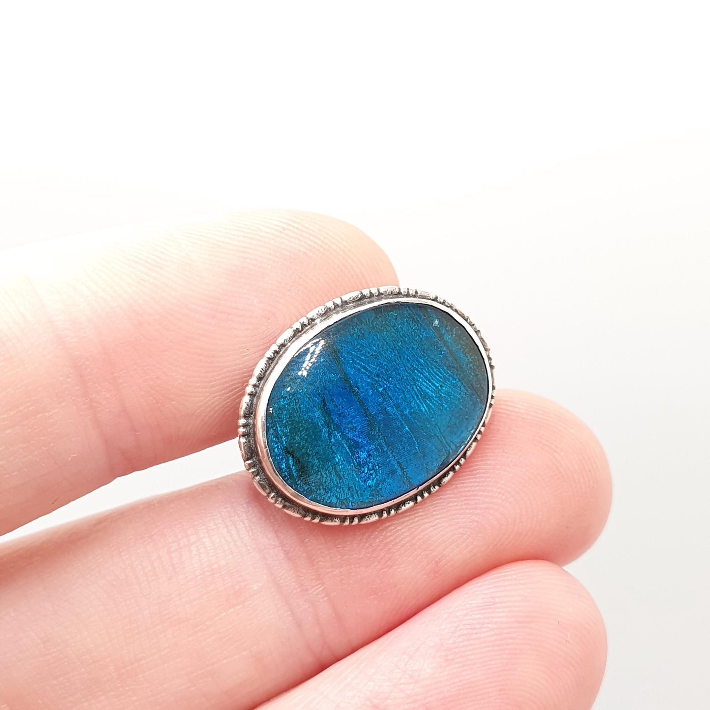 Antique Sterling Silver Butterfly Wing Brooch Oval Art Deco Morhpo Blue Womens Jewelry Handmade 1920s Vintage Insect Jewellery