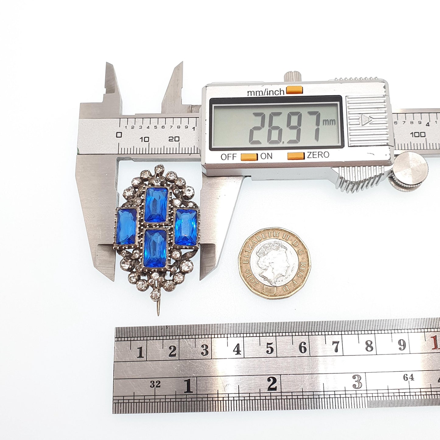 Antique Victorian Solid Silver Sapphire Paste Brooch Diamond Pastes Rectangular Cut Ornate Scroll Sparkly Vintage Womens Jewelry Jewellery