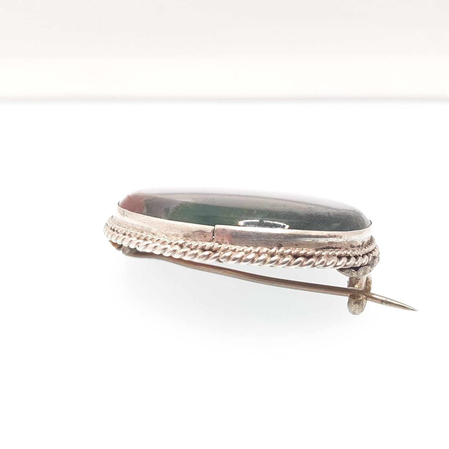 Antique Moss Agate Solid Silver Brooch Art Deco Natural Quartz Veined Oval Vintage 1920s Rare Gemstone Ladies Womens Jewelry Jewellery