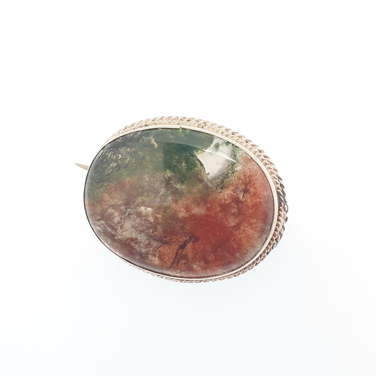 Antique Moss Agate Solid Silver Brooch Art Deco Natural Quartz Veined Oval Vintage 1920s Rare Gemstone Ladies Womens Jewelry Jewellery