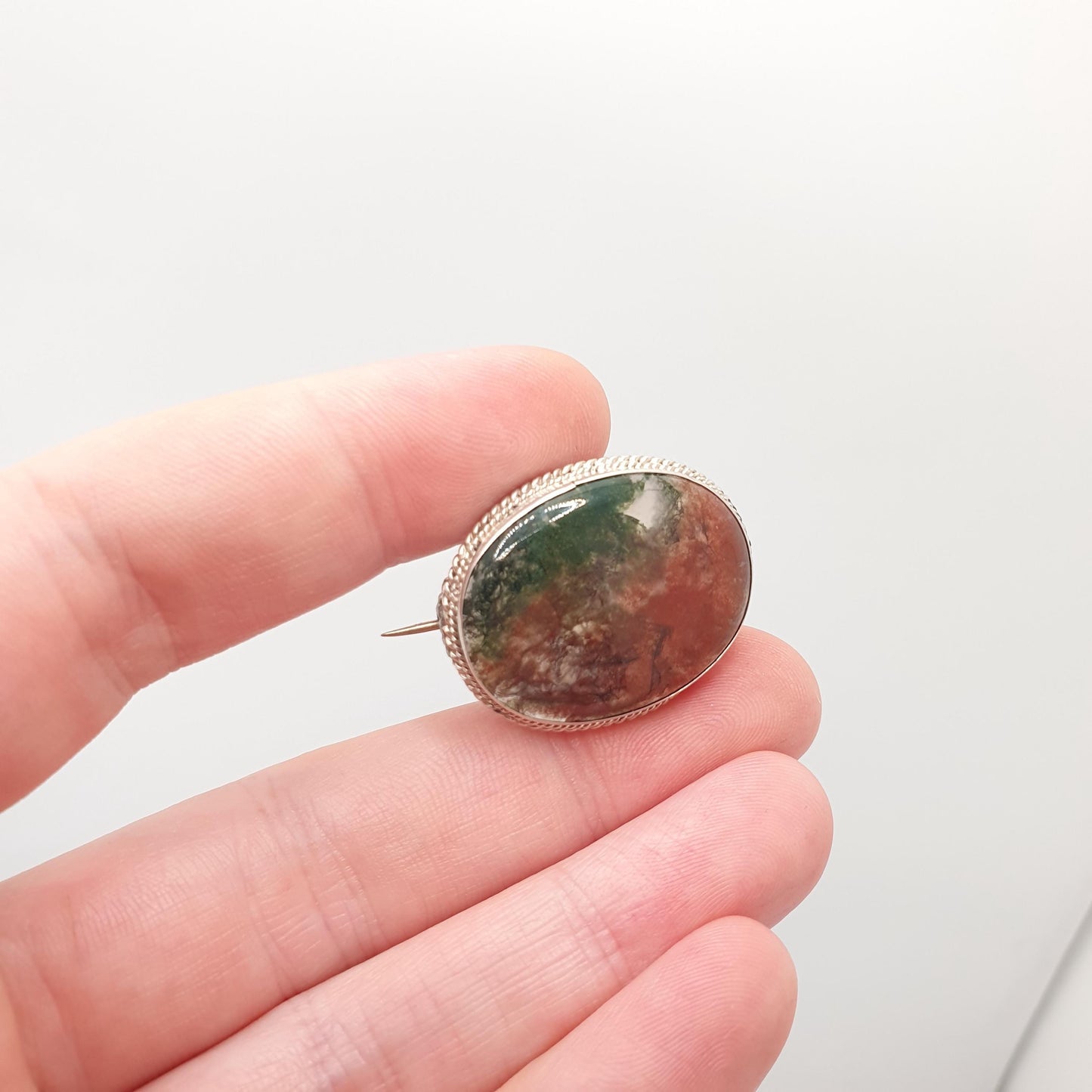 Antique Moss Agate Solid Silver Brooch Art Deco Natural Quartz Veined Oval Vintage 1920s Rare Gemstone Ladies Womens Jewelry Jewellery