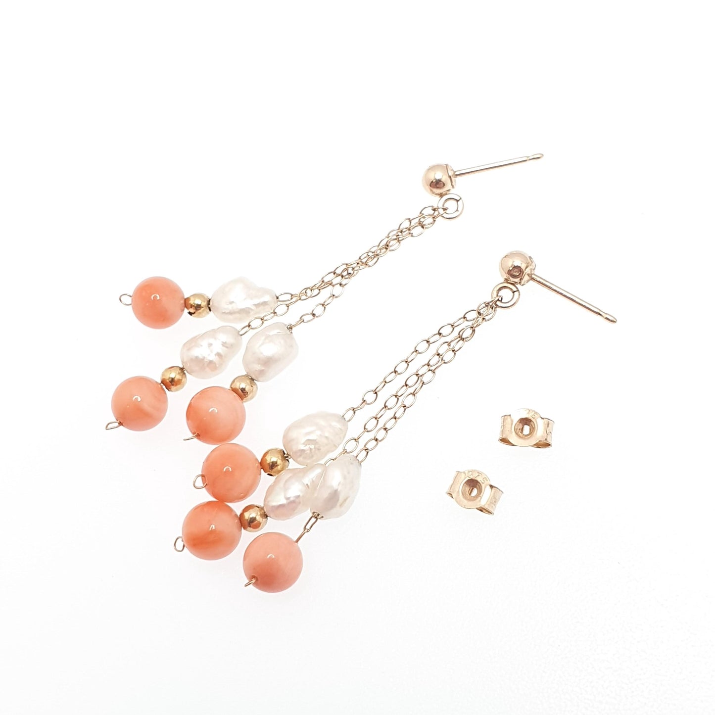 Vintage 9k 9ct Gold Coral Earrings Freshwater Pearl Tassel Hanging Stud Solid 375 9kt Bead Elegant Womens Ladies Retro Jewelry Jewellery