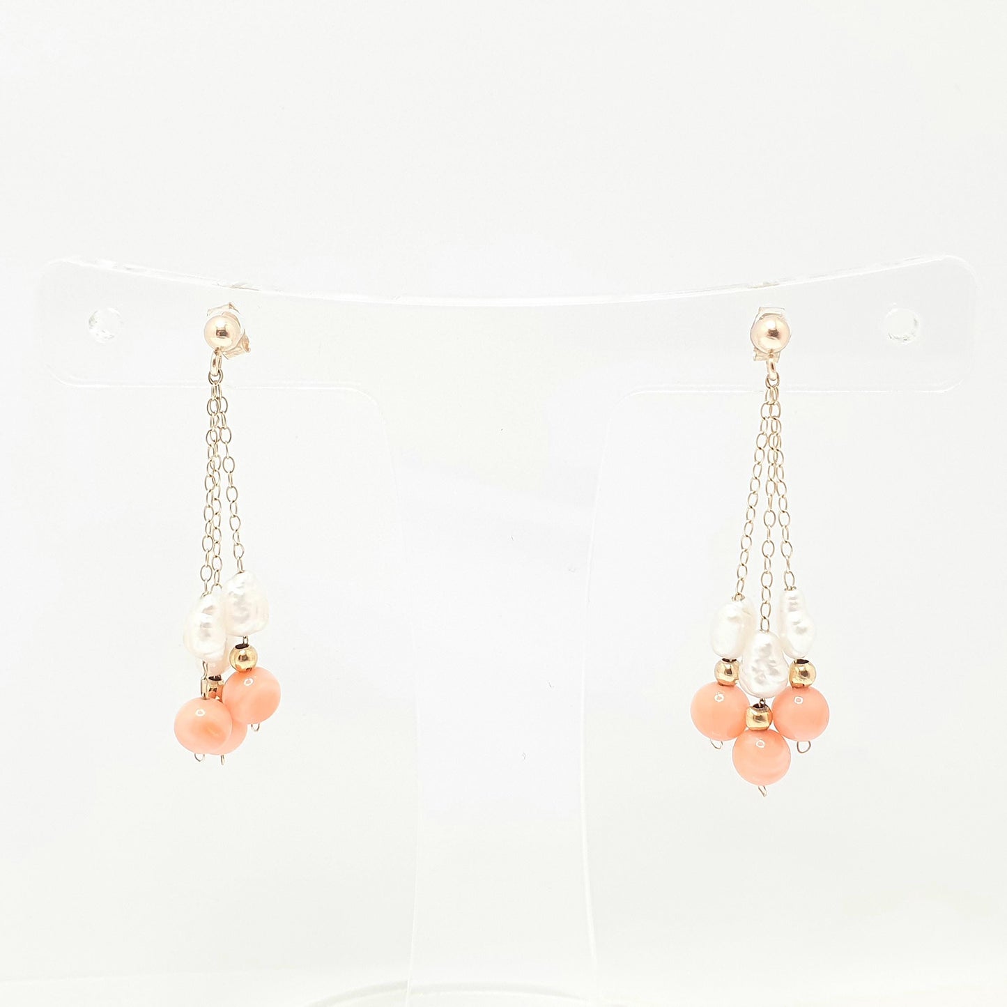 Vintage 9k 9ct Gold Coral Earrings Freshwater Pearl Tassel Hanging Stud Solid 375 9kt Bead Elegant Womens Ladies Retro Jewelry Jewellery