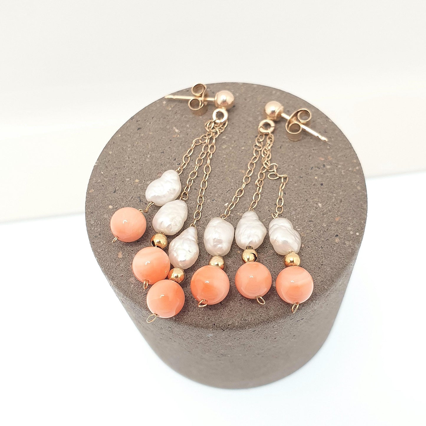 Vintage 9k 9ct Gold Coral Earrings Freshwater Pearl Tassel Hanging Stud Solid 375 9kt Bead Elegant Womens Ladies Retro Jewelry Jewellery