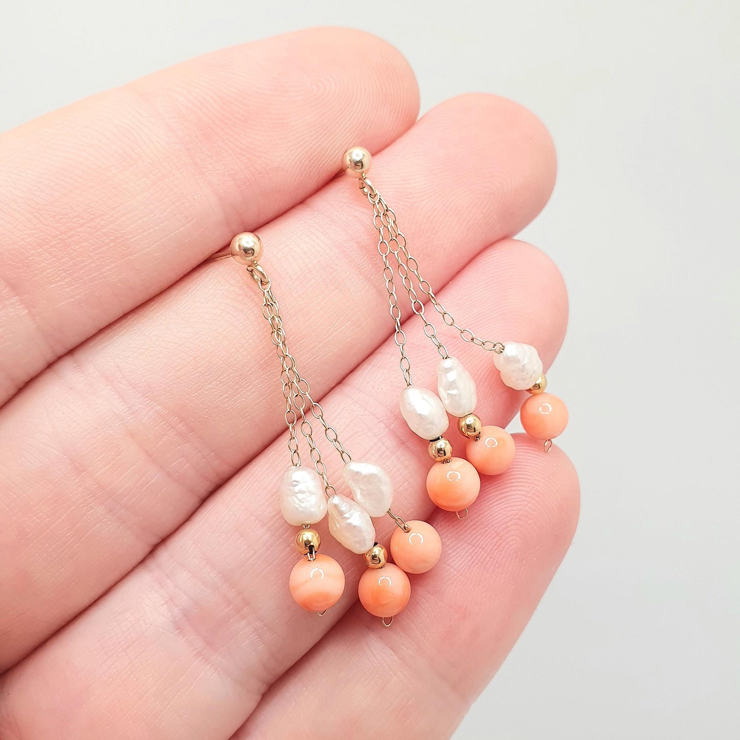 Vintage 9k 9ct Gold Coral Earrings Freshwater Pearl Tassel Hanging Stud Solid 375 9kt Bead Elegant Womens Ladies Retro Jewelry Jewellery