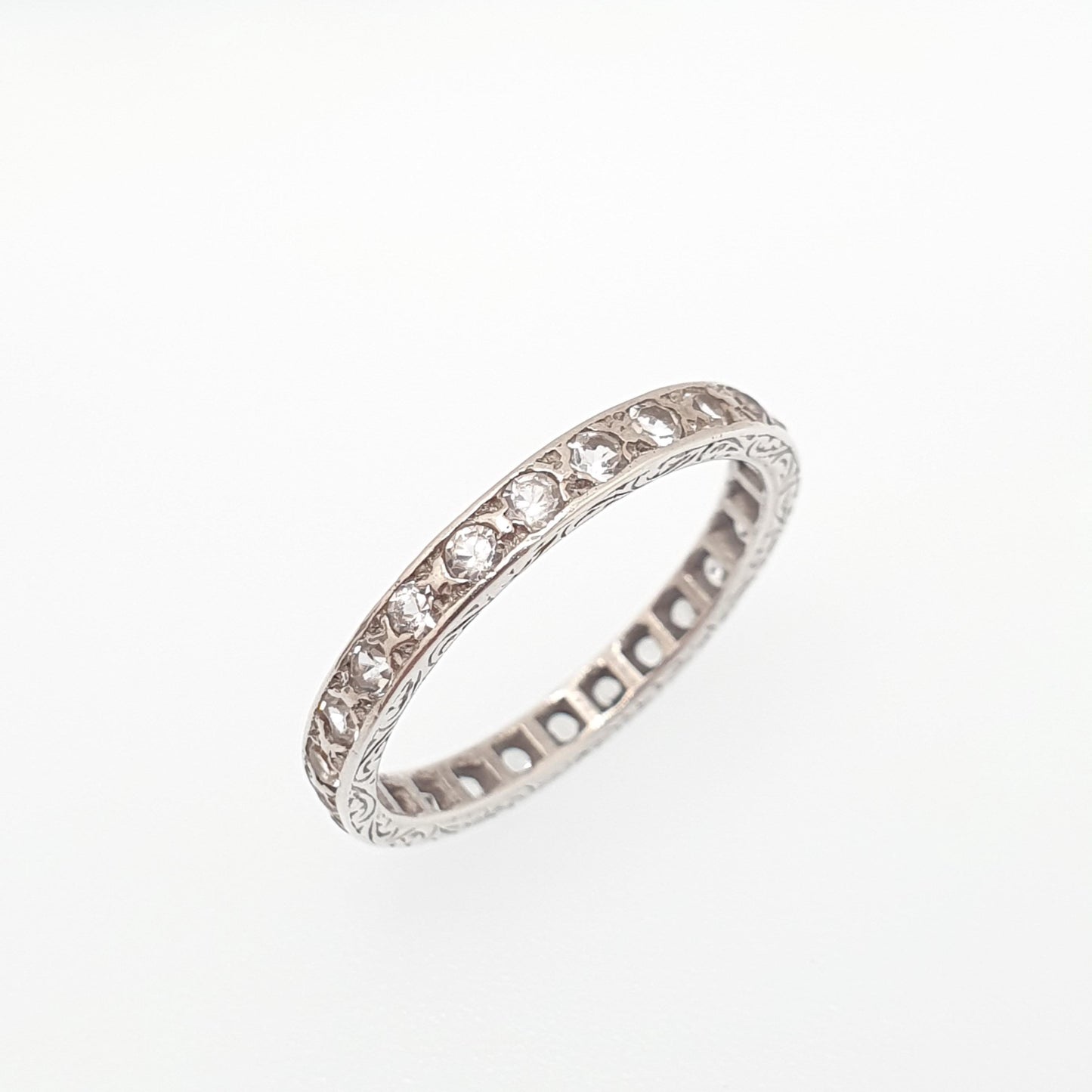 Antique Solid Silver Eternity Ring White Spinel Gemstones 1920s Full Round Cut Art Deco Engraved Vintage Ladies Womens Jewelry Jewellery