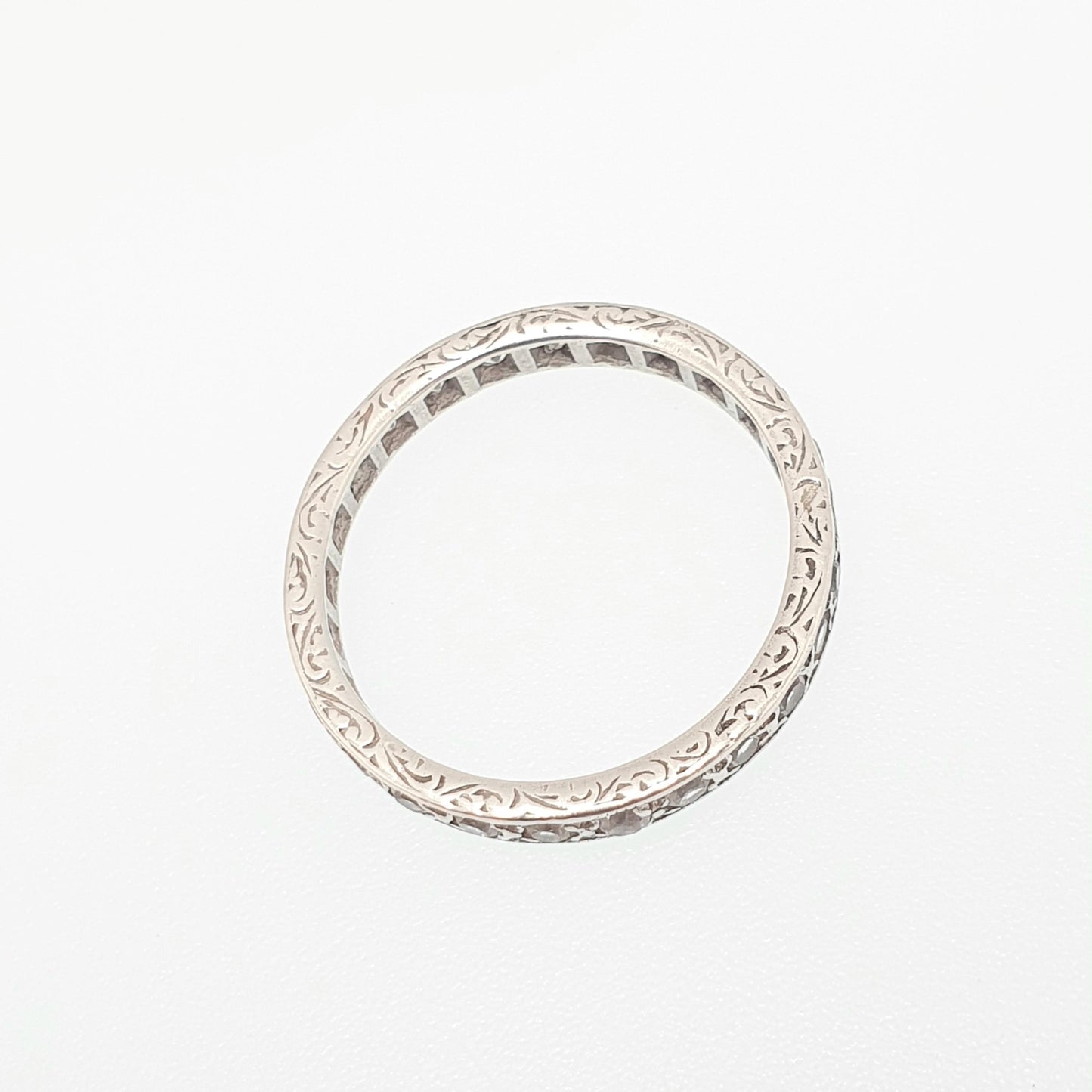 Antique Solid Silver Eternity Ring White Spinel Gemstones 1920s Full Round Cut Art Deco Engraved Vintage Ladies Womens Jewelry Jewellery