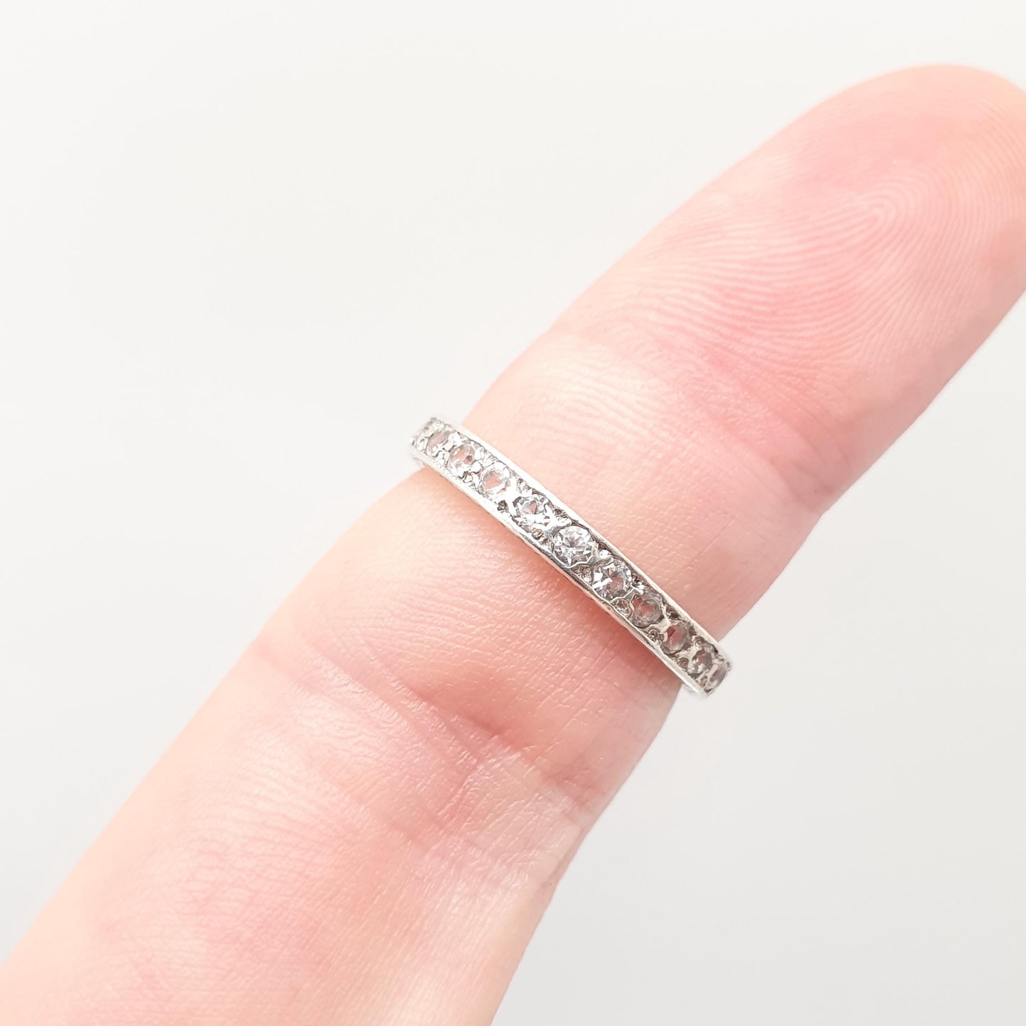 Antique Solid Silver Eternity Ring White Spinel Gemstones 1920s Full Round Cut Art Deco Engraved Vintage Ladies Womens Jewelry Jewellery