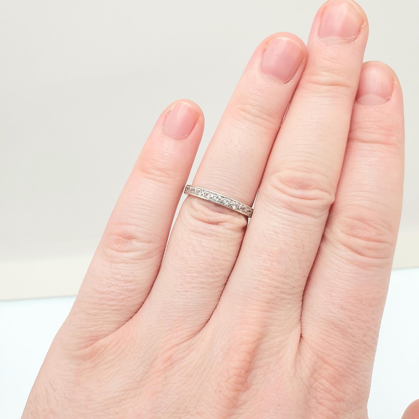 Antique Solid Silver Eternity Ring White Spinel Gemstones 1920s Full Round Cut Art Deco Engraved Vintage Ladies Womens Jewelry Jewellery