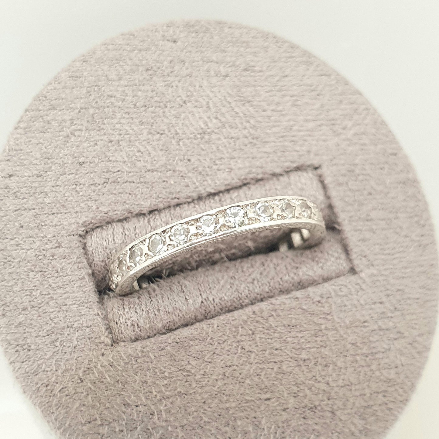 Antique Solid Silver Eternity Ring White Spinel Gemstones 1920s Full Round Cut Art Deco Engraved Vintage Ladies Womens Jewelry Jewellery