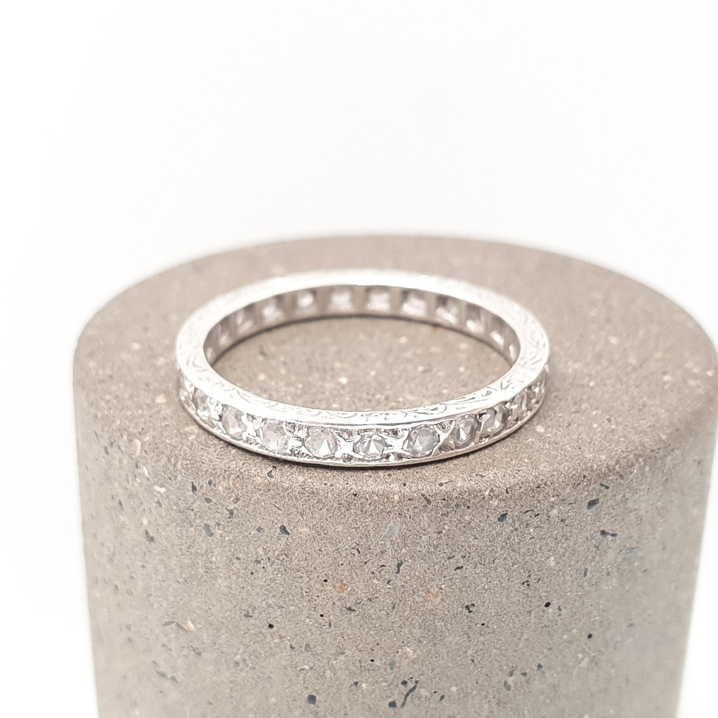Antique Solid Silver Eternity Ring White Spinel Gemstones 1920s Full Round Cut Art Deco Engraved Vintage Ladies Womens Jewelry Jewellery