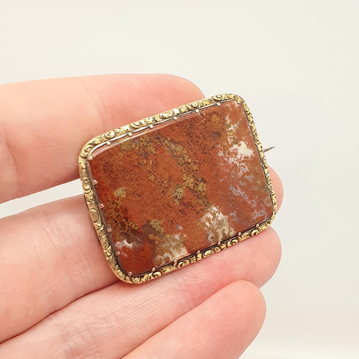 Antique Victorian Rolled Gold Jasper Brooch Red Yellow Agate Quartz Genuine Large Big Gemstone Old Vintage Jewelry Jewellery 1800s Womens