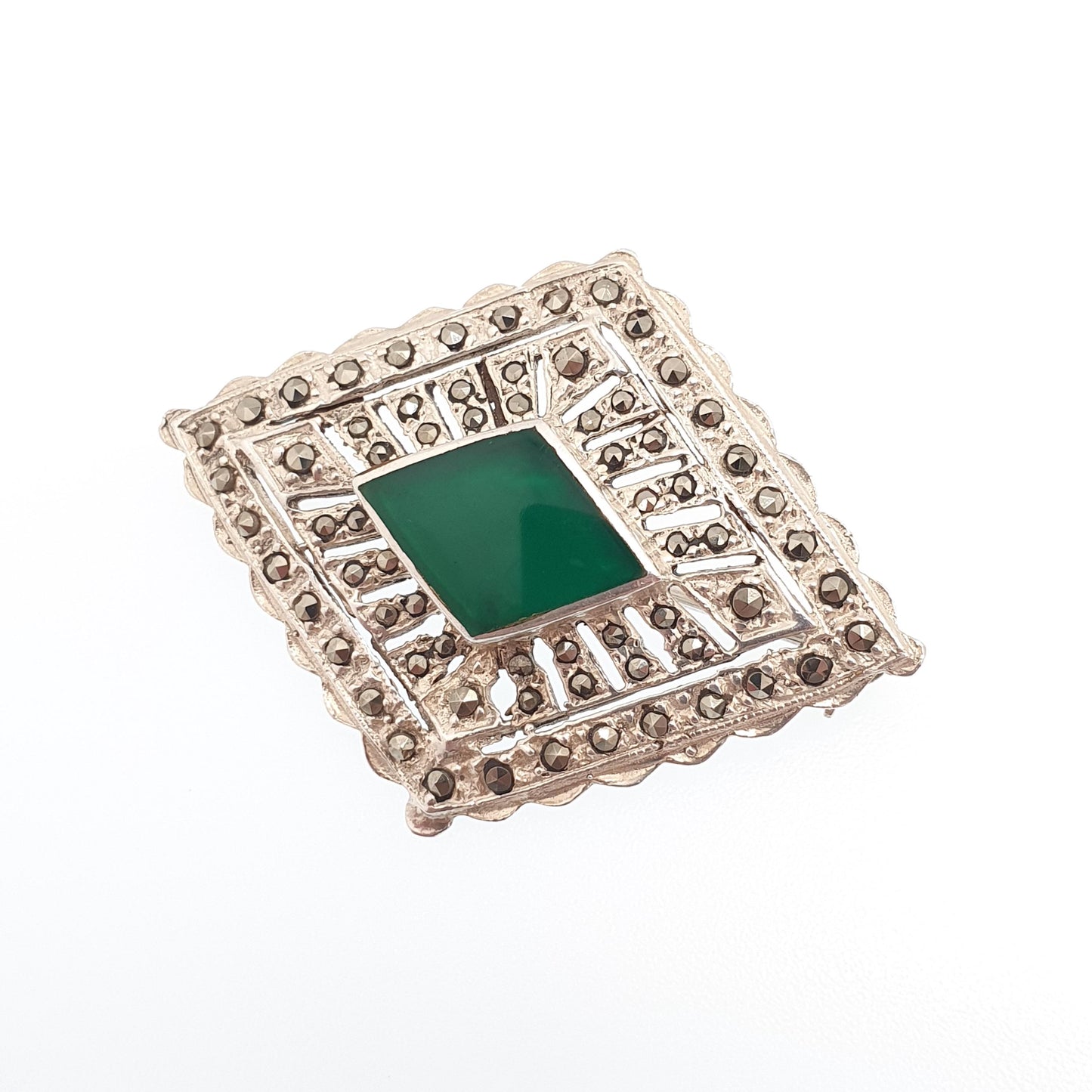 Vintage Sterling Silver Chrysoprase Brooch Art Deco Style Marcasite Genuine Green Gemstone Kite Cabochon Womens Ladies Jewelry Jewellery