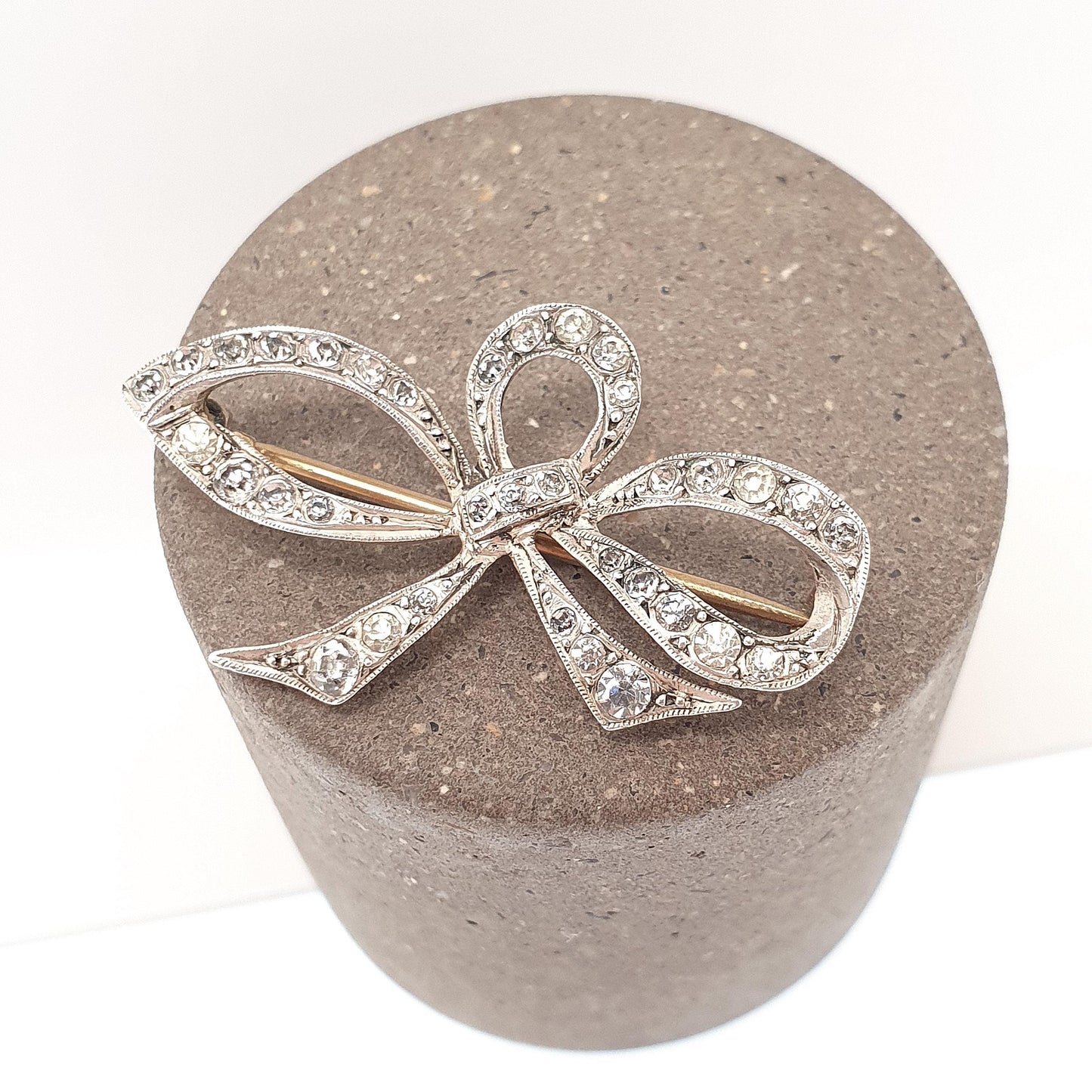 Antique Victorian Paste Solid Silver Bow Brooch Ribbon Cute Diamond Pastes 1800s Cute Gift Special Rare Womens Jewelry Jewellery Vintage