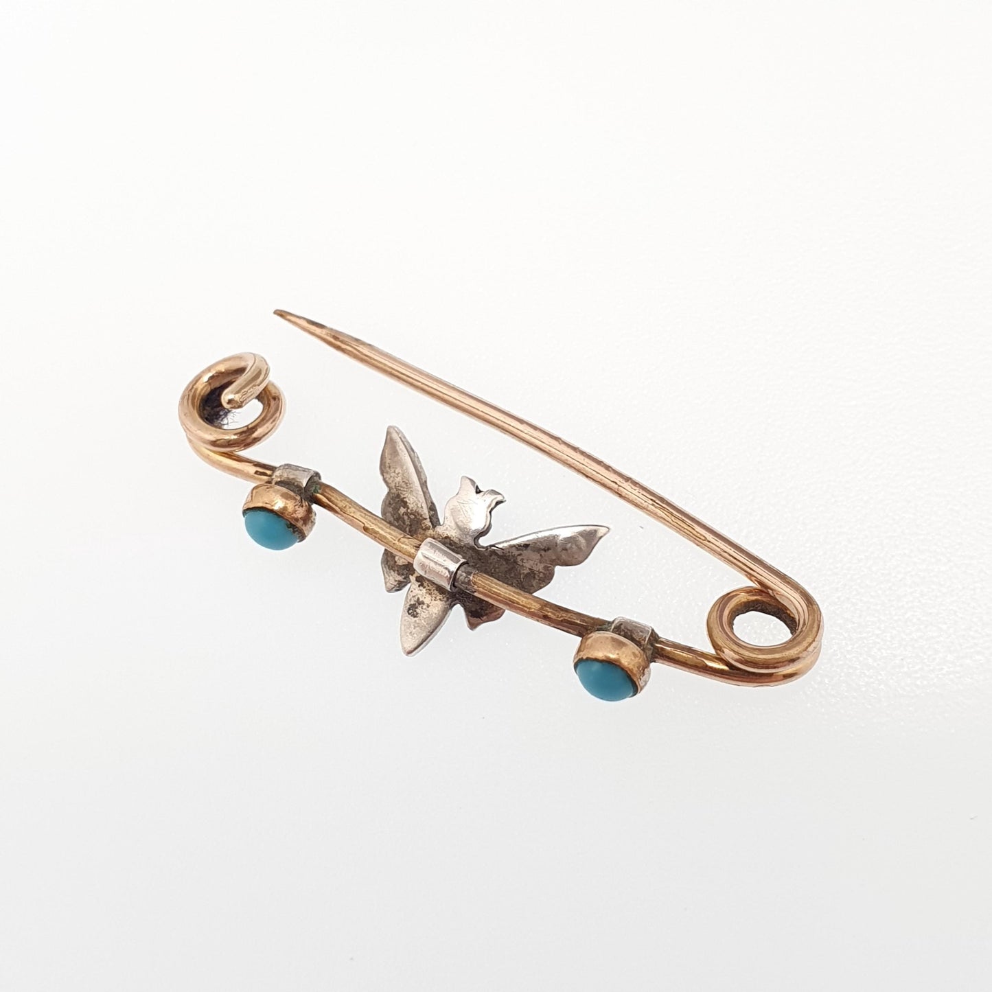 Antique 18ct Rolled Gold Butterfly Brooch Solid Silver Faux Seed Pearl & Turquoise Safety Pin Victorian Vintage Insect Bug Jewelry Jewellery