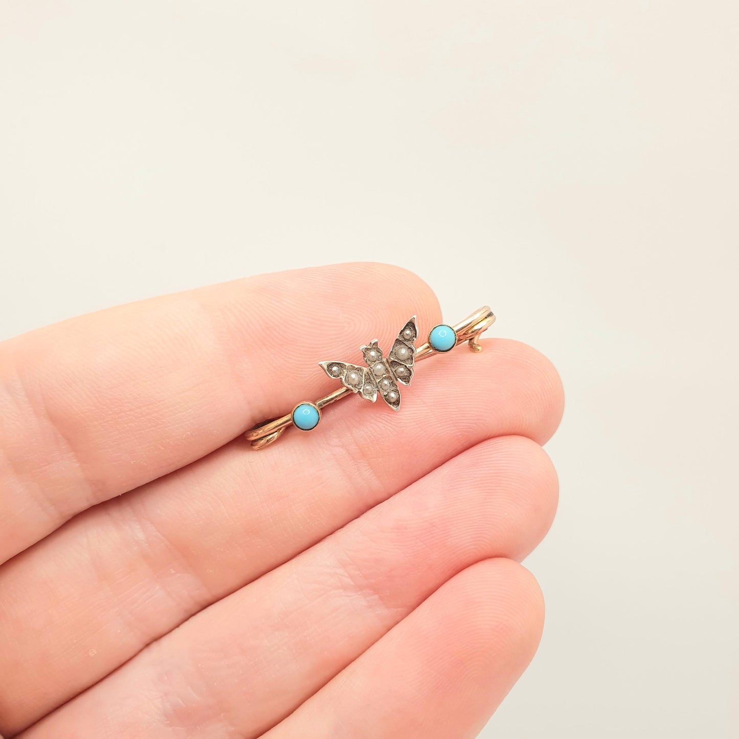 Antique 18ct Rolled Gold Butterfly Brooch Solid Silver Faux Seed Pearl & Turquoise Safety Pin Victorian Vintage Insect Bug Jewelry Jewellery