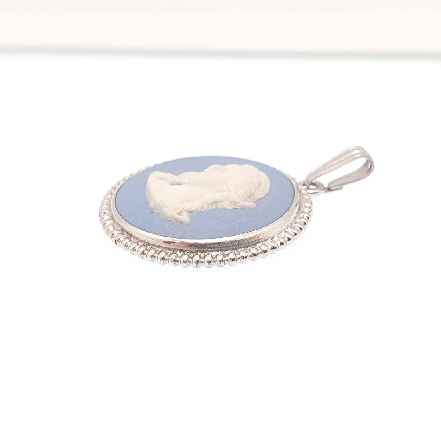 Vintage Sterling Silver Genuine Blue Wedgwood Necklace Pendant 1977 Authentic Josiah Wedgwood Lady Womens Ladies Jewelry Jewellery Retro
