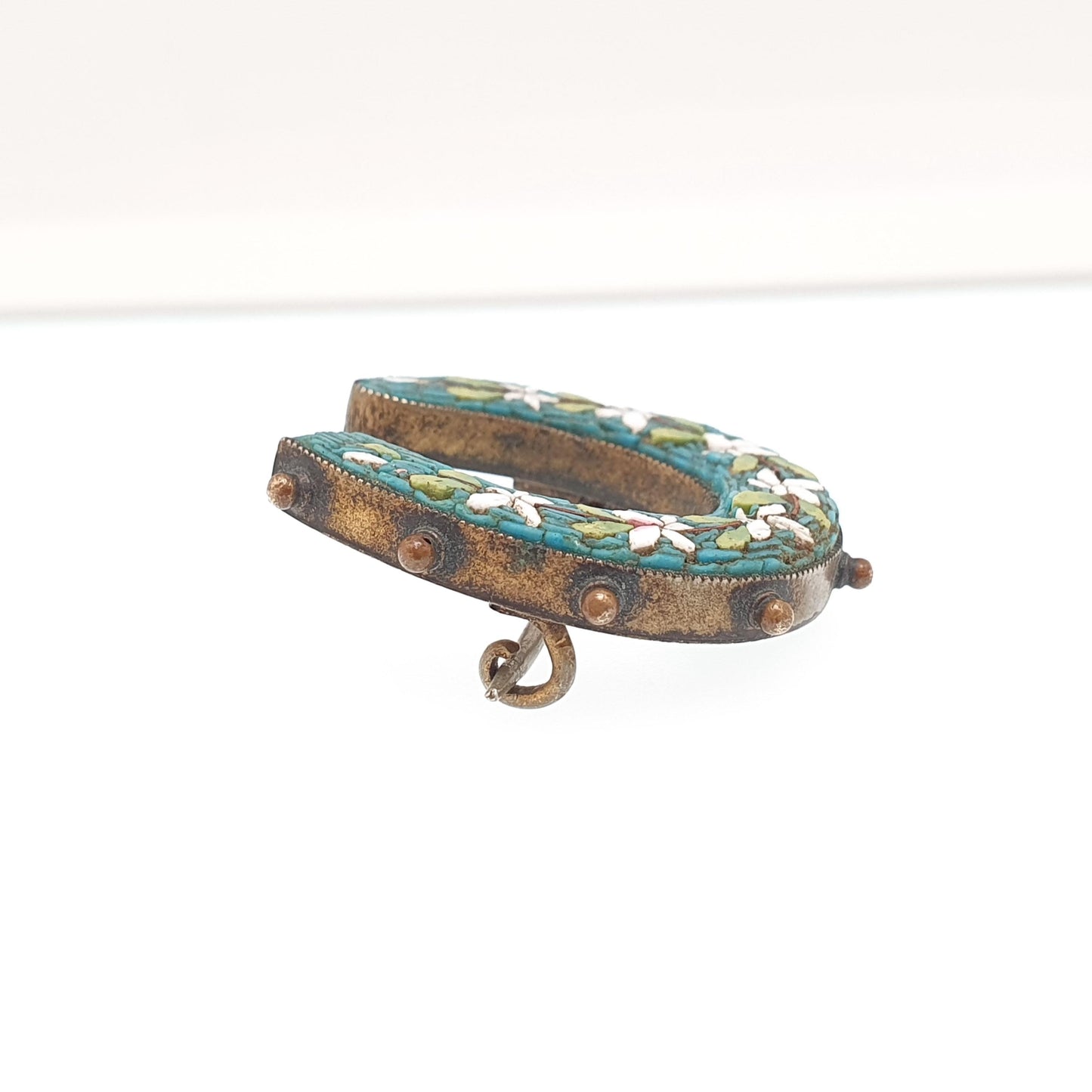 Antique Victorian Fine Micromosaic Horseshoe Brooch Micro Mosaic Gold Gilt Lucky Horse Riding Genuine Italian Vintage Jewelry Jewellery