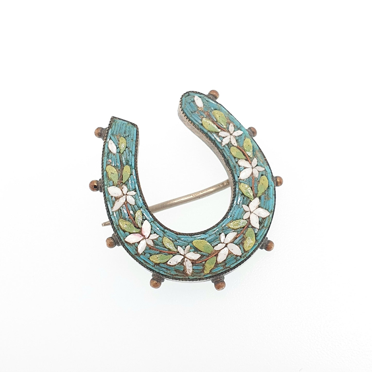 Antique Victorian Fine Micromosaic Horseshoe Brooch Micro Mosaic Gold Gilt Lucky Horse Riding Genuine Italian Vintage Jewelry Jewellery