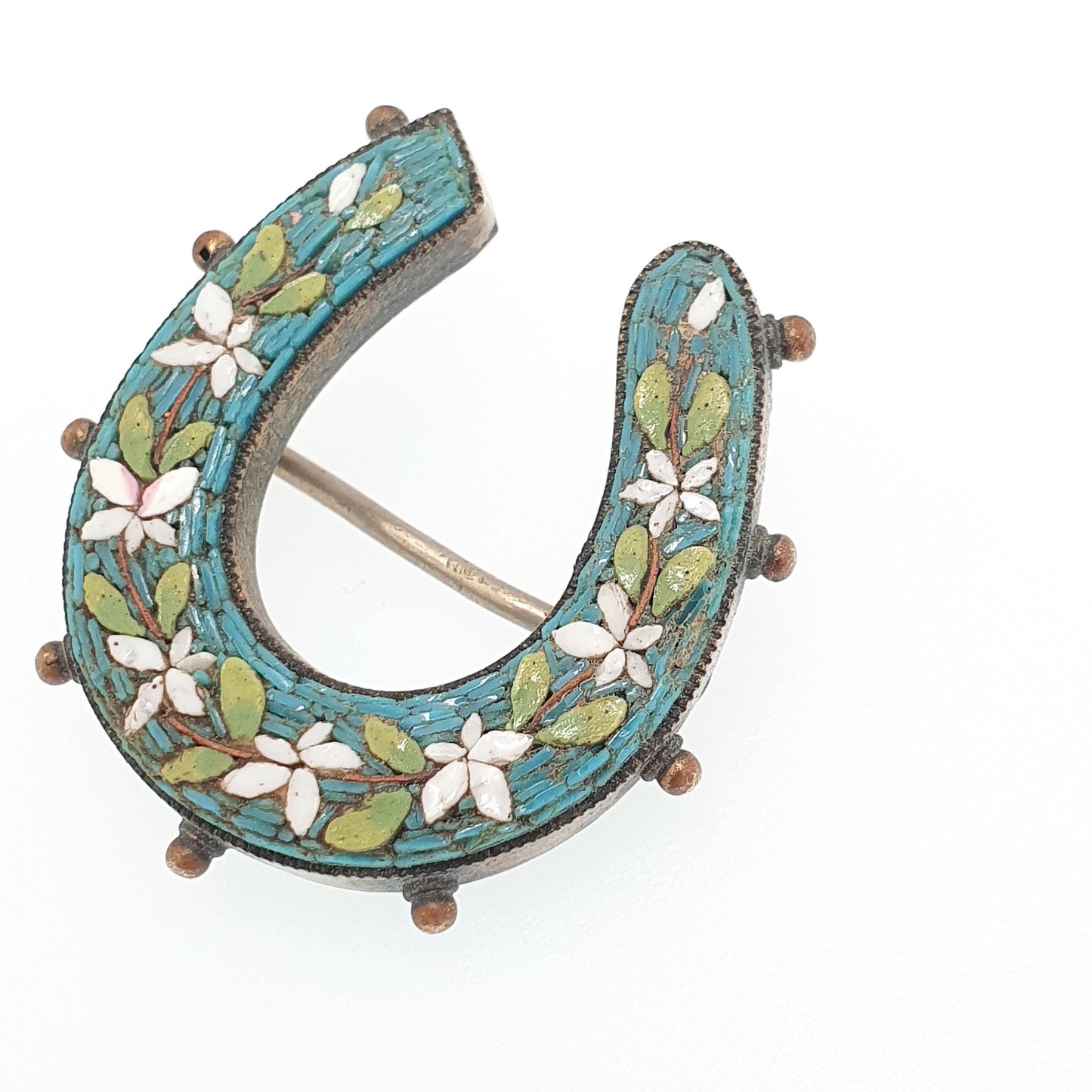 Antique Victorian Fine Micromosaic Horseshoe Brooch Micro Mosaic Gold Gilt Lucky Horse Riding Genuine Italian Vintage Jewelry Jewellery