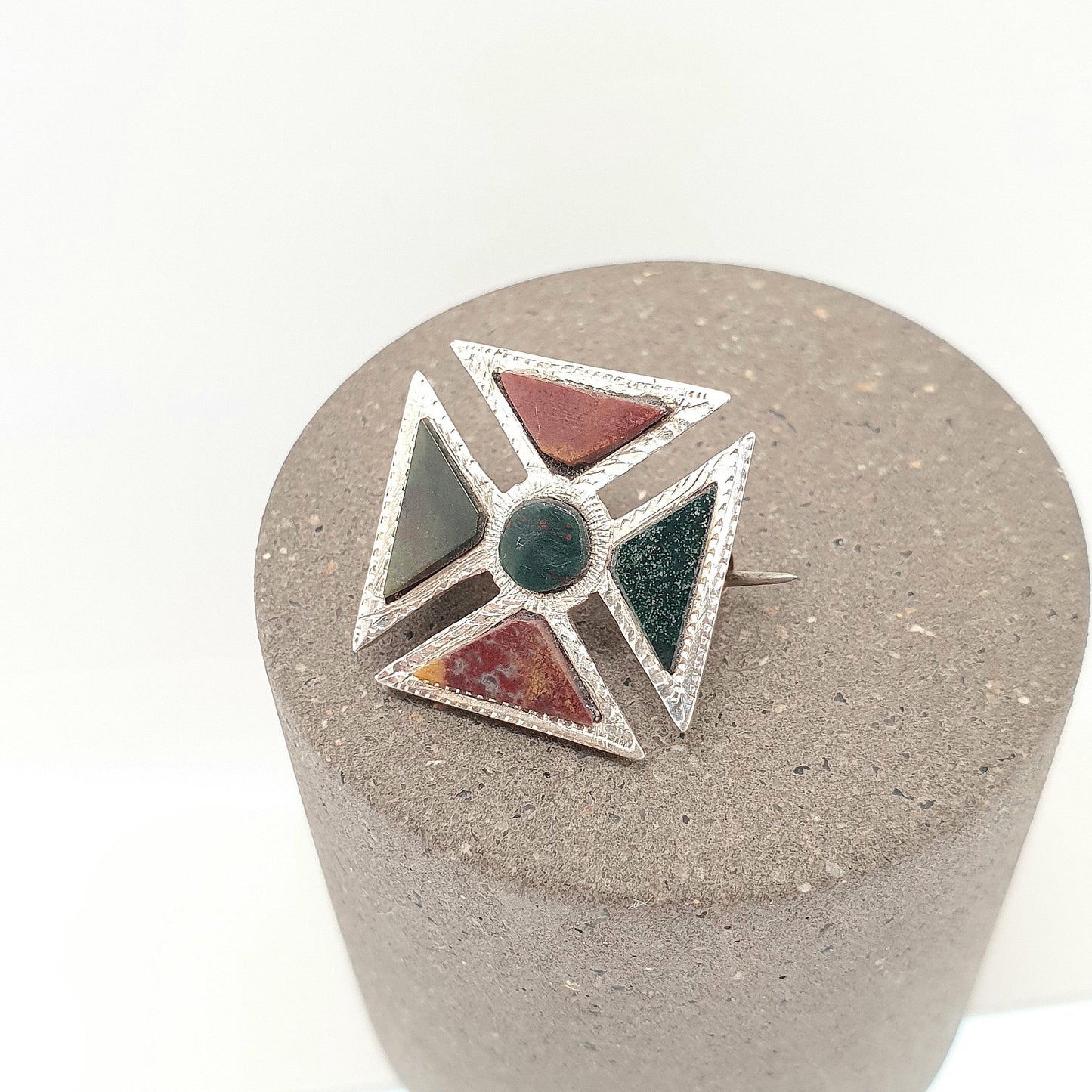 Antique Victorian Solid Silver Maltese Cross Brooch Scottish Bloodstone Jasper Agate Cruciform Crucifix 1800s Womens Jewelry Jewellery