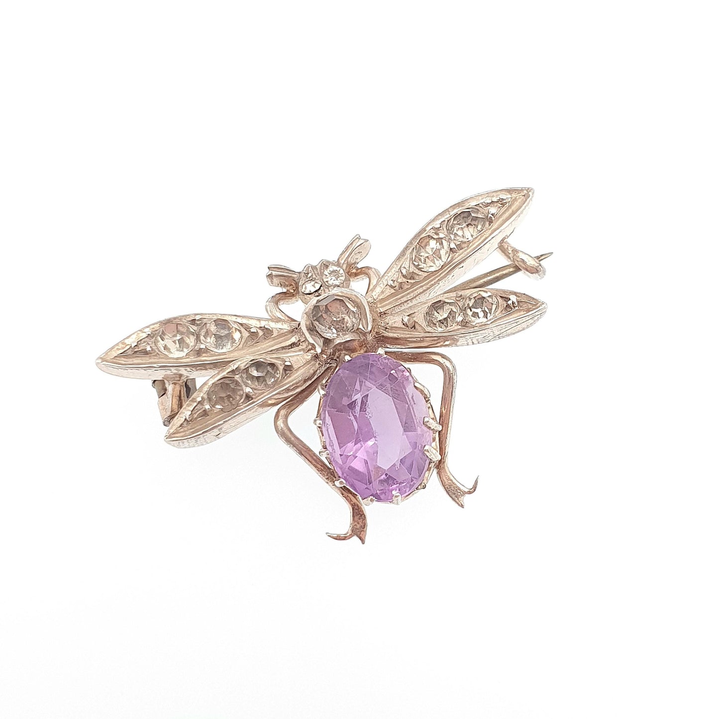 Antique Solid Silver Victorian Amethyst Fly Brooch Diamond Paste Pin Vintage 1800s Bug Insect Wings Gemstone Rare Womens Jewelry Jewellery