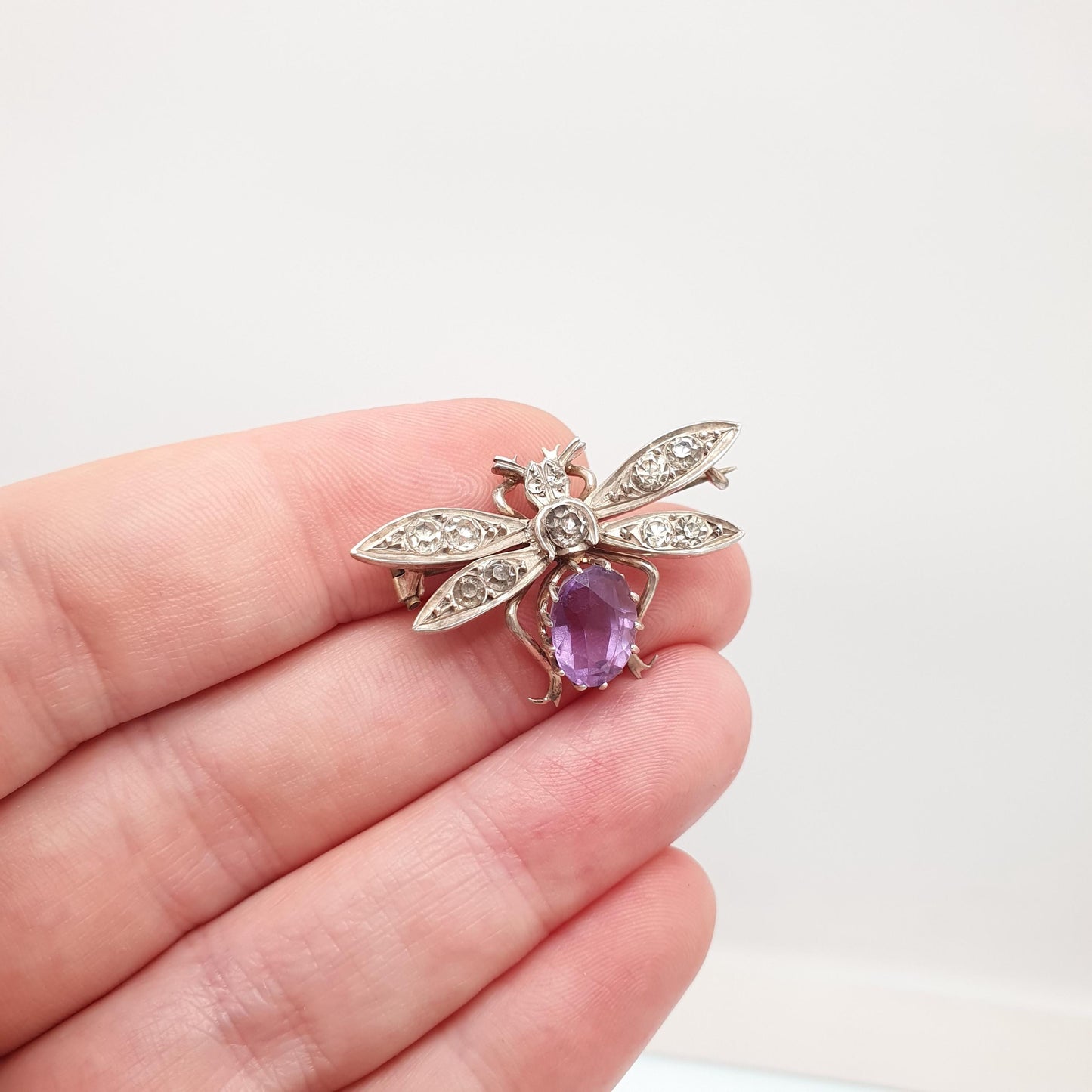 Antique Solid Silver Victorian Amethyst Fly Brooch Diamond Paste Pin Vintage 1800s Bug Insect Wings Gemstone Rare Womens Jewelry Jewellery