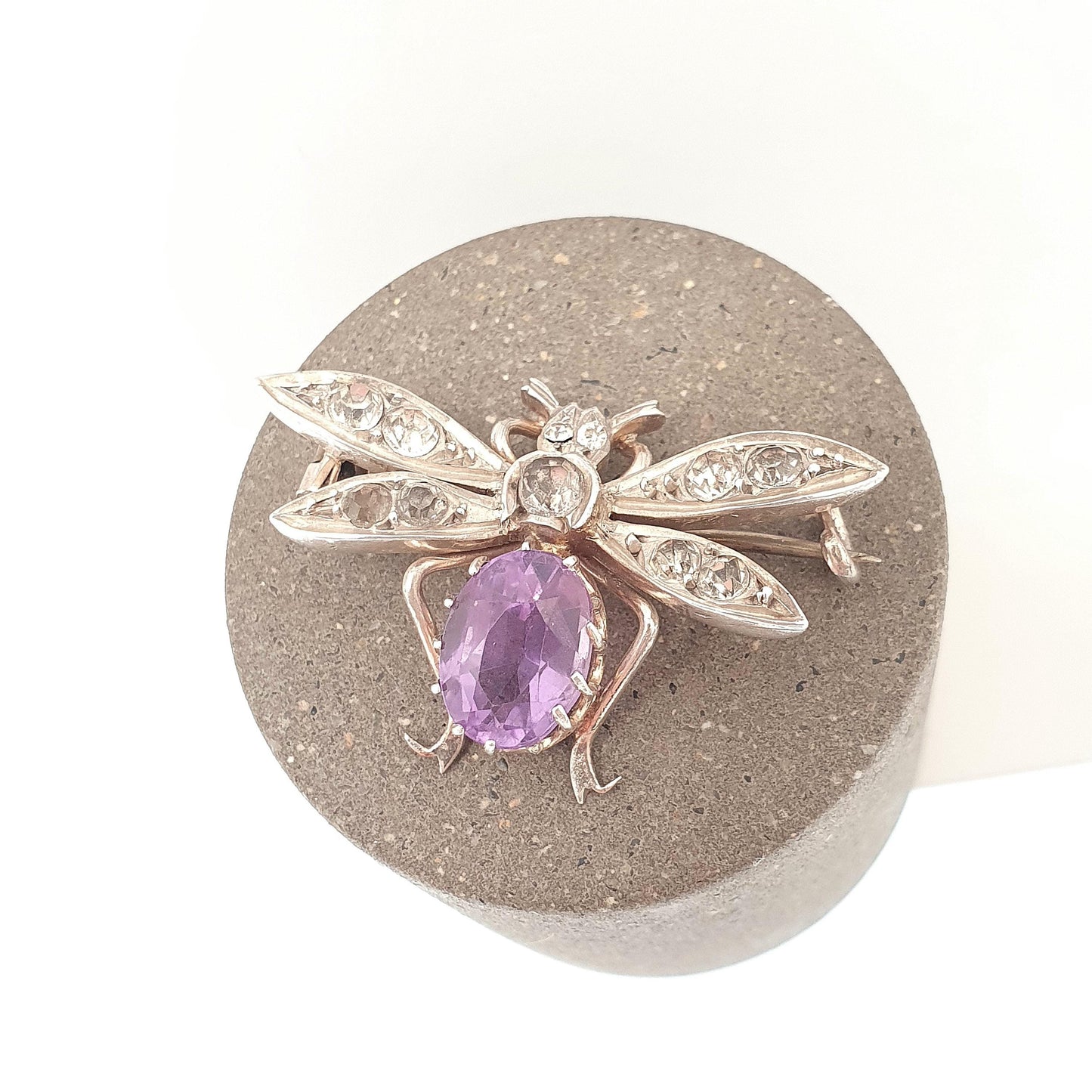Antique Solid Silver Victorian Amethyst Fly Brooch Diamond Paste Pin Vintage 1800s Bug Insect Wings Gemstone Rare Womens Jewelry Jewellery