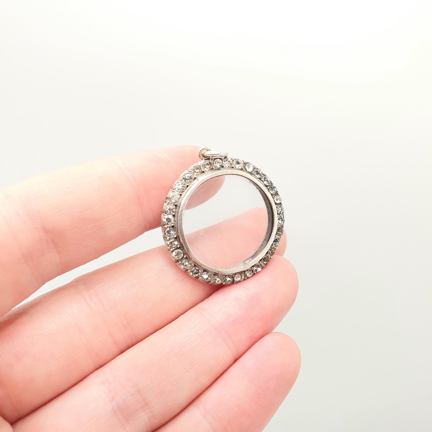 Antique Sterling Silver Locket Diamond Paste Pendant Edwardian Necklace Picture Photo Double Sided Fine Womens Vintage Jewelry Jewellery