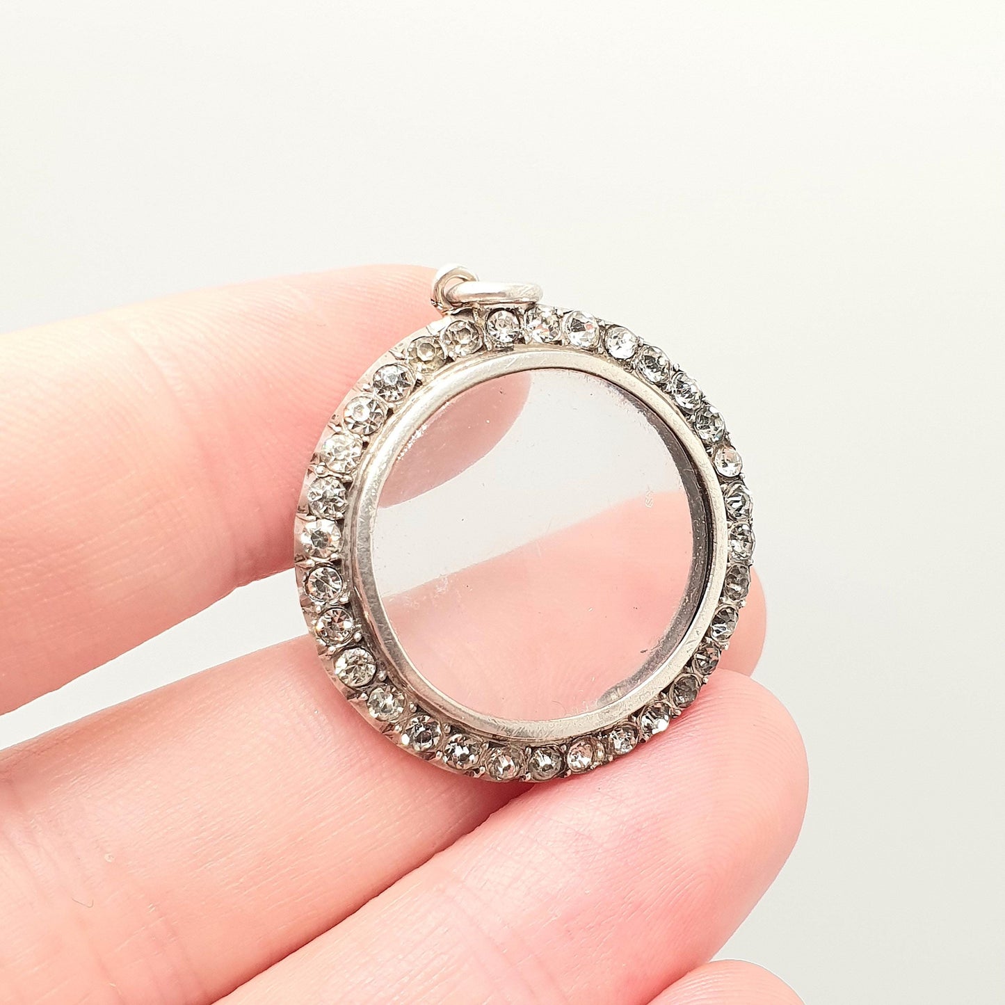 Antique Sterling Silver Locket Diamond Paste Pendant Edwardian Necklace Picture Photo Double Sided Fine Womens Vintage Jewelry Jewellery