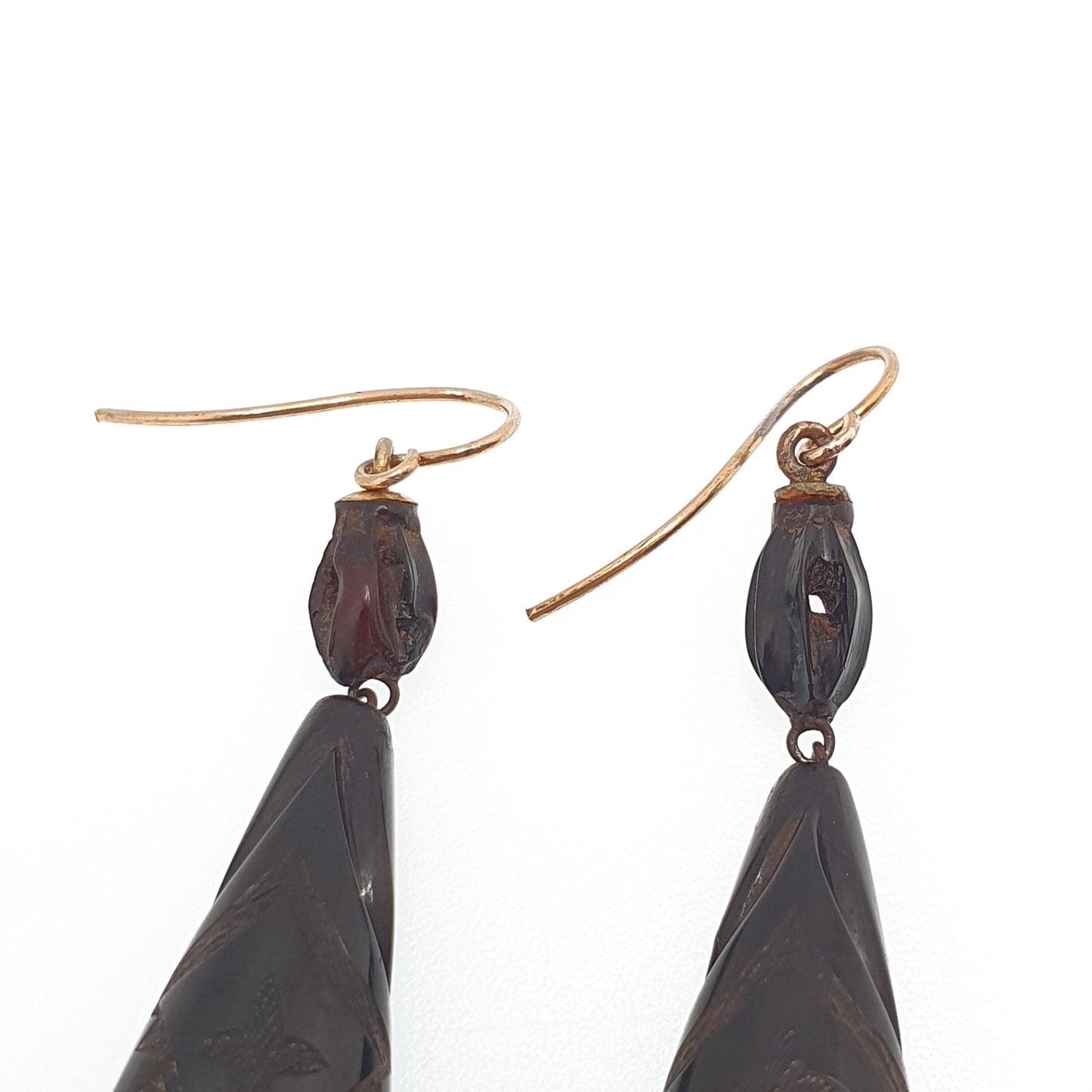 Antique Victorian Whitby Jet Tassel Earrings Pointed Hand Carved Chandelier Engraved Pendulum Hook Dangle Drop Vintage Jewelry Jewellery
