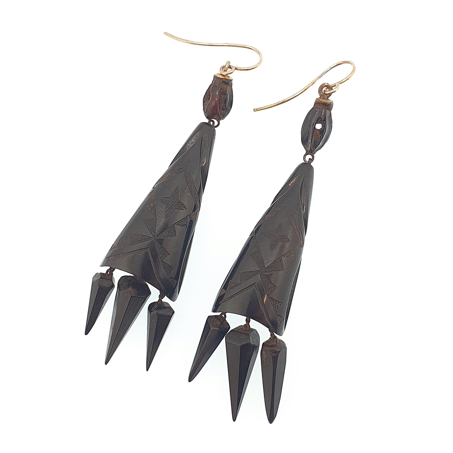 Antique Victorian Whitby Jet Tassel Earrings Pointed Hand Carved Chandelier Engraved Pendulum Hook Dangle Drop Vintage Jewelry Jewellery