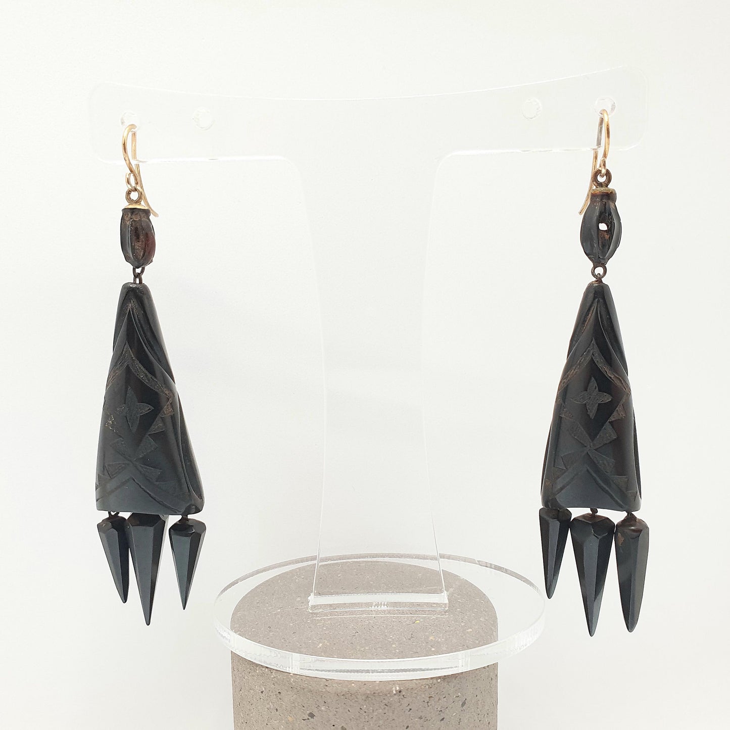 Antique Victorian Whitby Jet Tassel Earrings Pointed Hand Carved Chandelier Engraved Pendulum Hook Dangle Drop Vintage Jewelry Jewellery