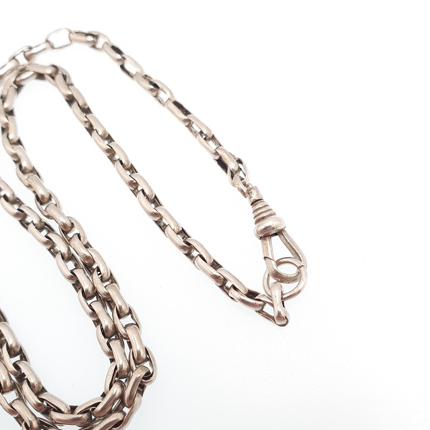 Antique Victorian Solid Silver Chain Necklace Belcher Oval Cable Link Long 77cm 30.3" 15.11g Vintage Dog Clip Womens Jewellery Jewelry