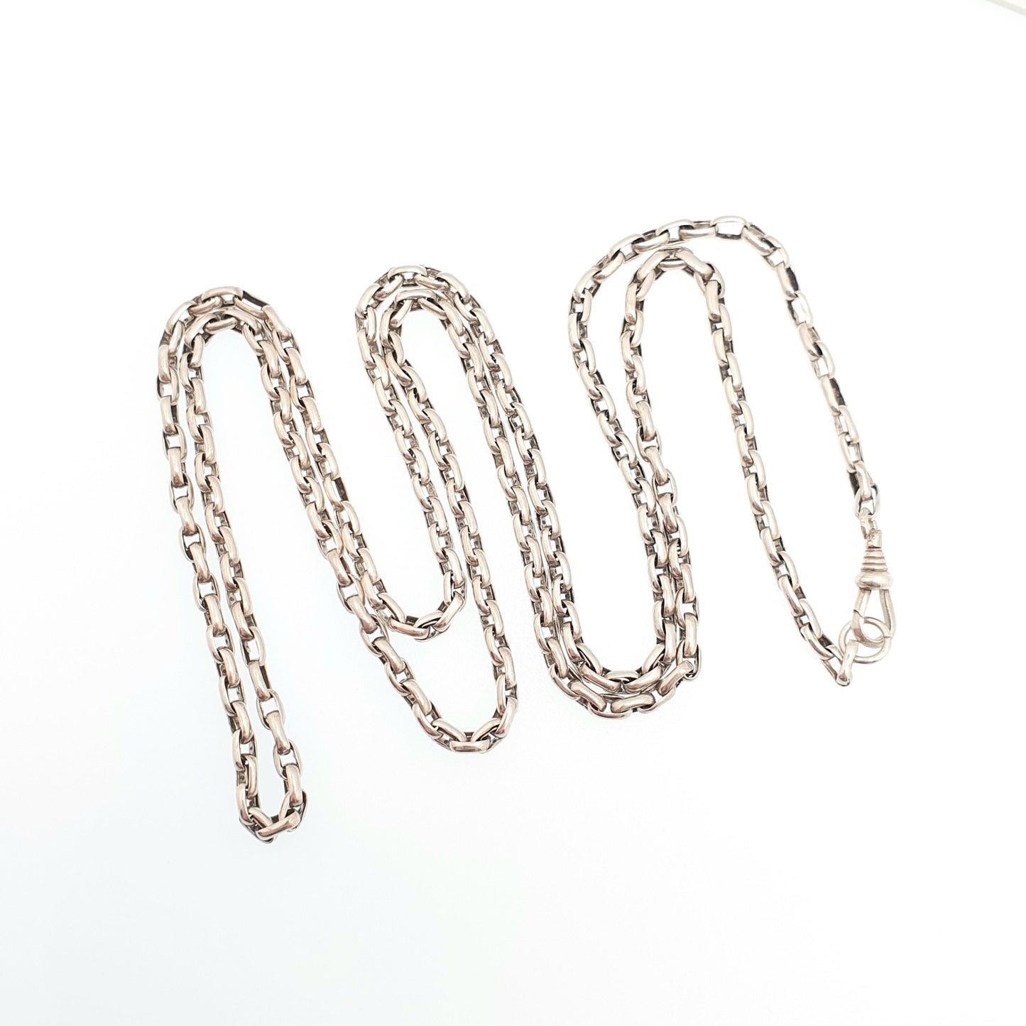 Antique Victorian Solid Silver Chain Necklace Belcher Oval Cable Link Long 77cm 30.3" 15.11g Vintage Dog Clip Womens Jewellery Jewelry