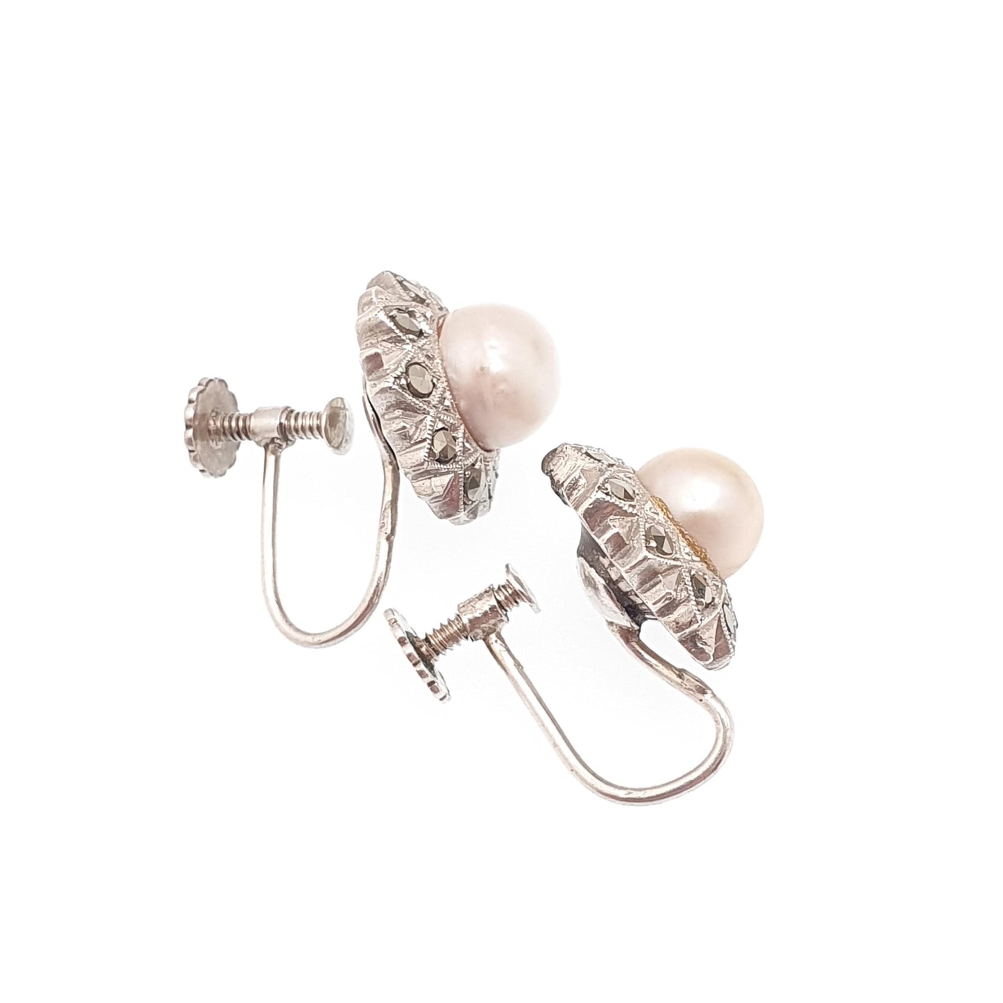 Antique Art Deco Solid Silver Pearl Earrings Marcasite Cultured Screw Back 1920s Vintage Flower Genuine Womens Ladies Jewelry Jewellery