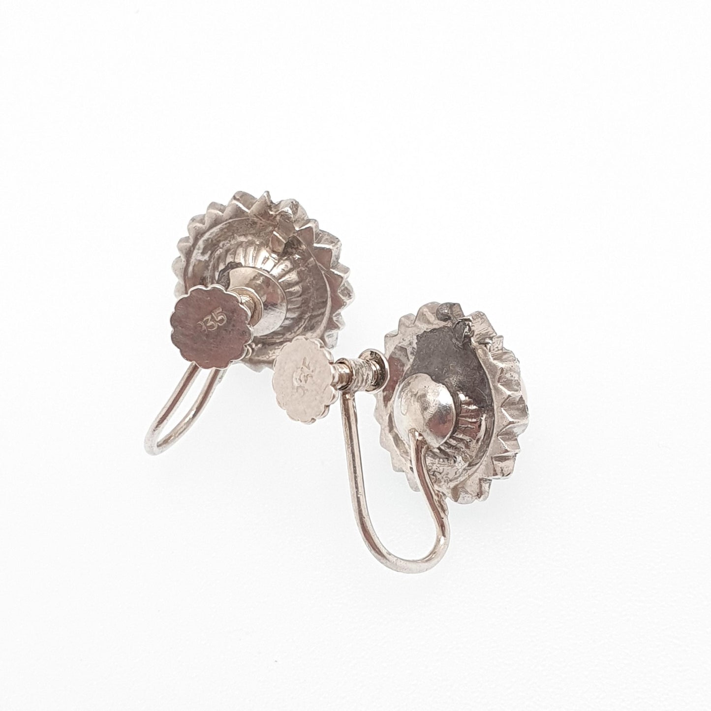 Antique Art Deco Solid Silver Pearl Earrings Marcasite Cultured Screw Back 1920s Vintage Flower Genuine Womens Ladies Jewelry Jewellery