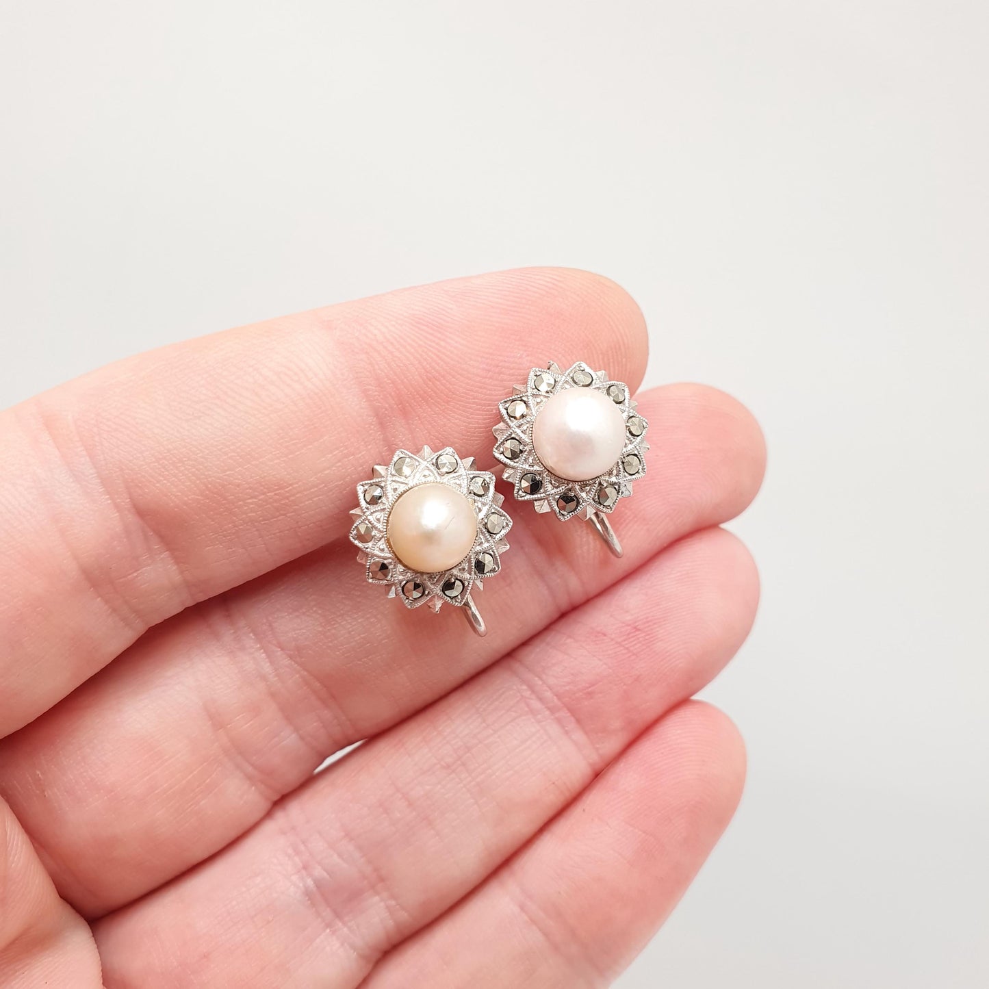Antique Art Deco Solid Silver Pearl Earrings Marcasite Cultured Screw Back 1920s Vintage Flower Genuine Womens Ladies Jewelry Jewellery