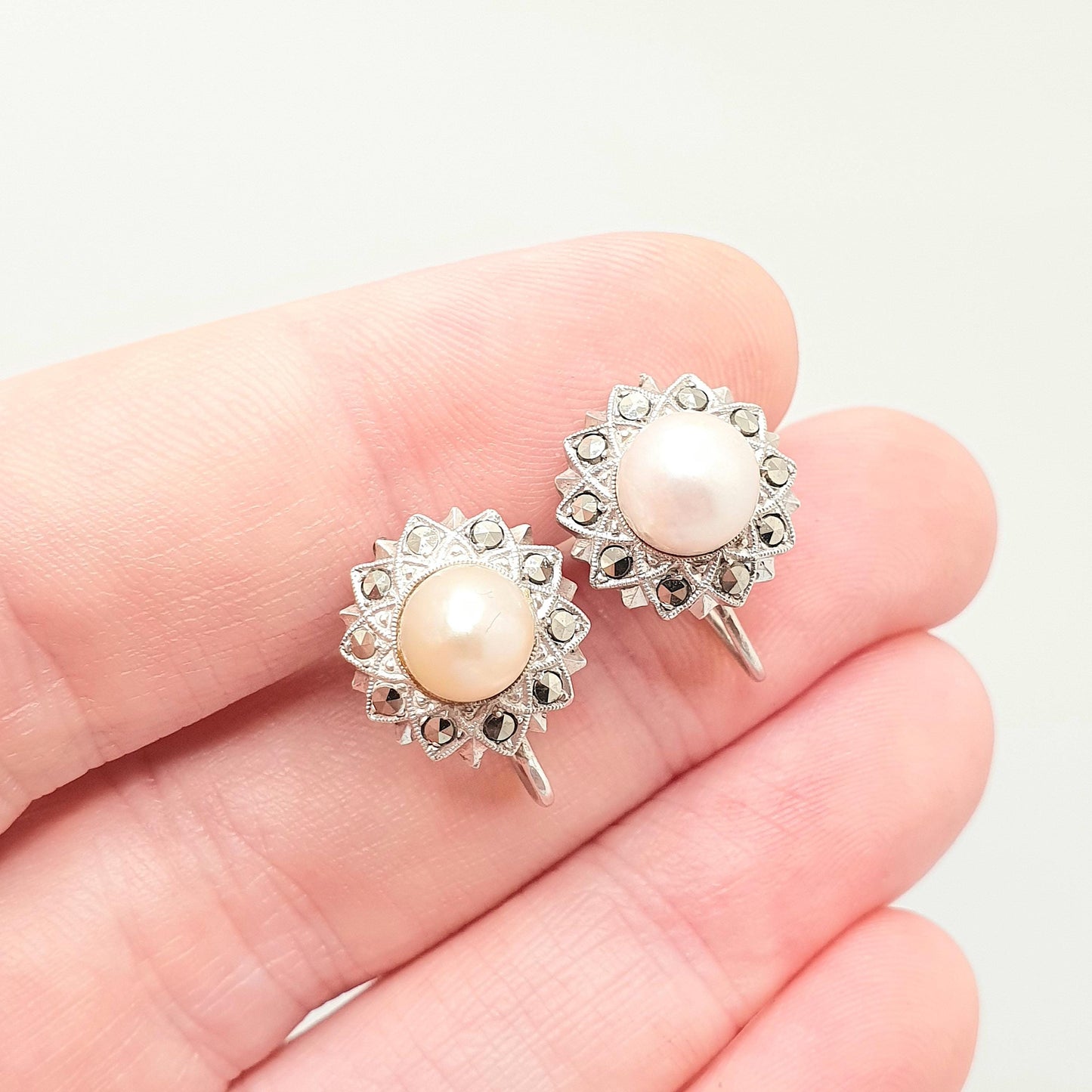 Antique Art Deco Solid Silver Pearl Earrings Marcasite Cultured Screw Back 1920s Vintage Flower Genuine Womens Ladies Jewelry Jewellery
