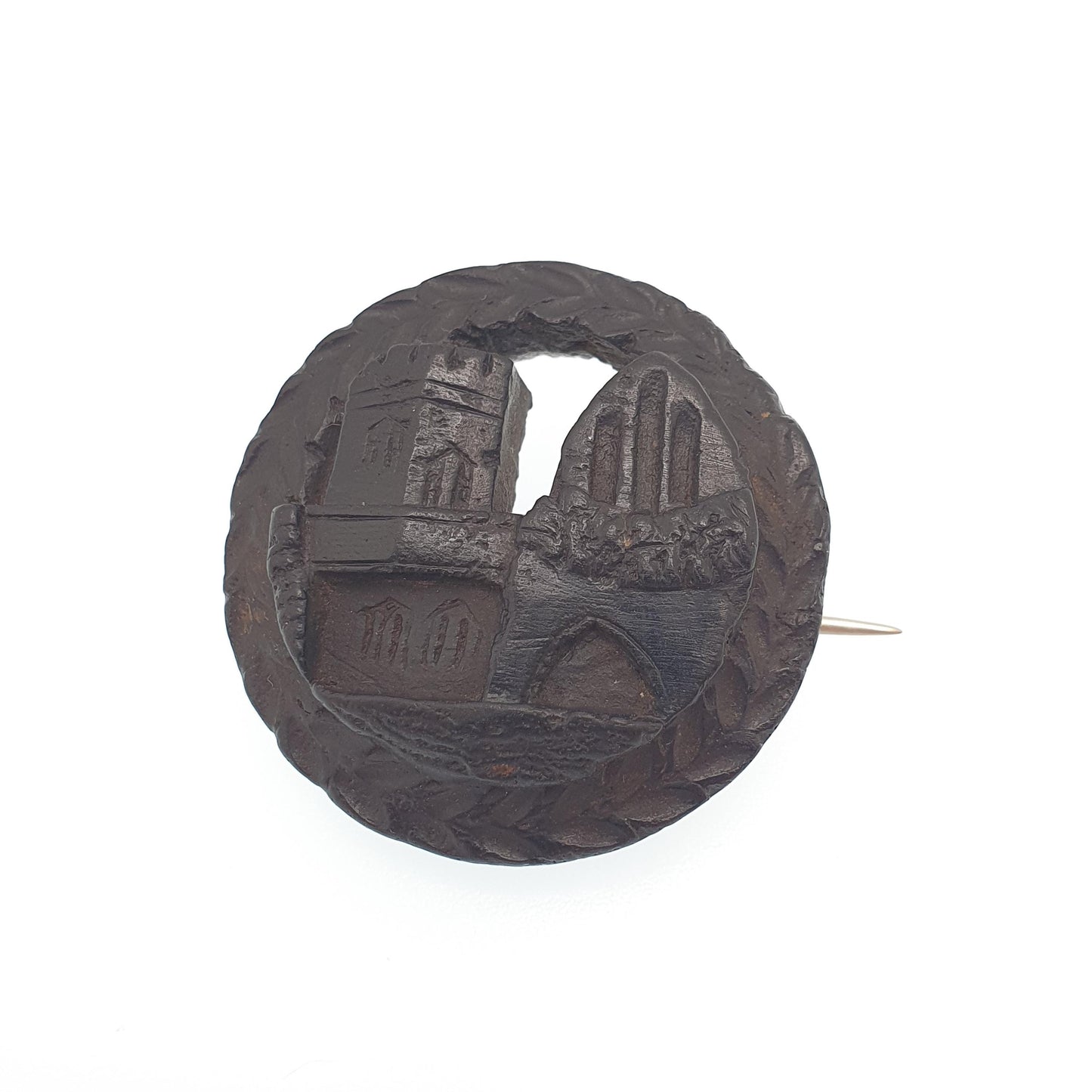 Antique Victorian Bog Oak Brooch Castle Church Cathedral KINDALE Mourning Whitby Jet Imitation 1800s Rope Vintage Jewelry Jewellery
