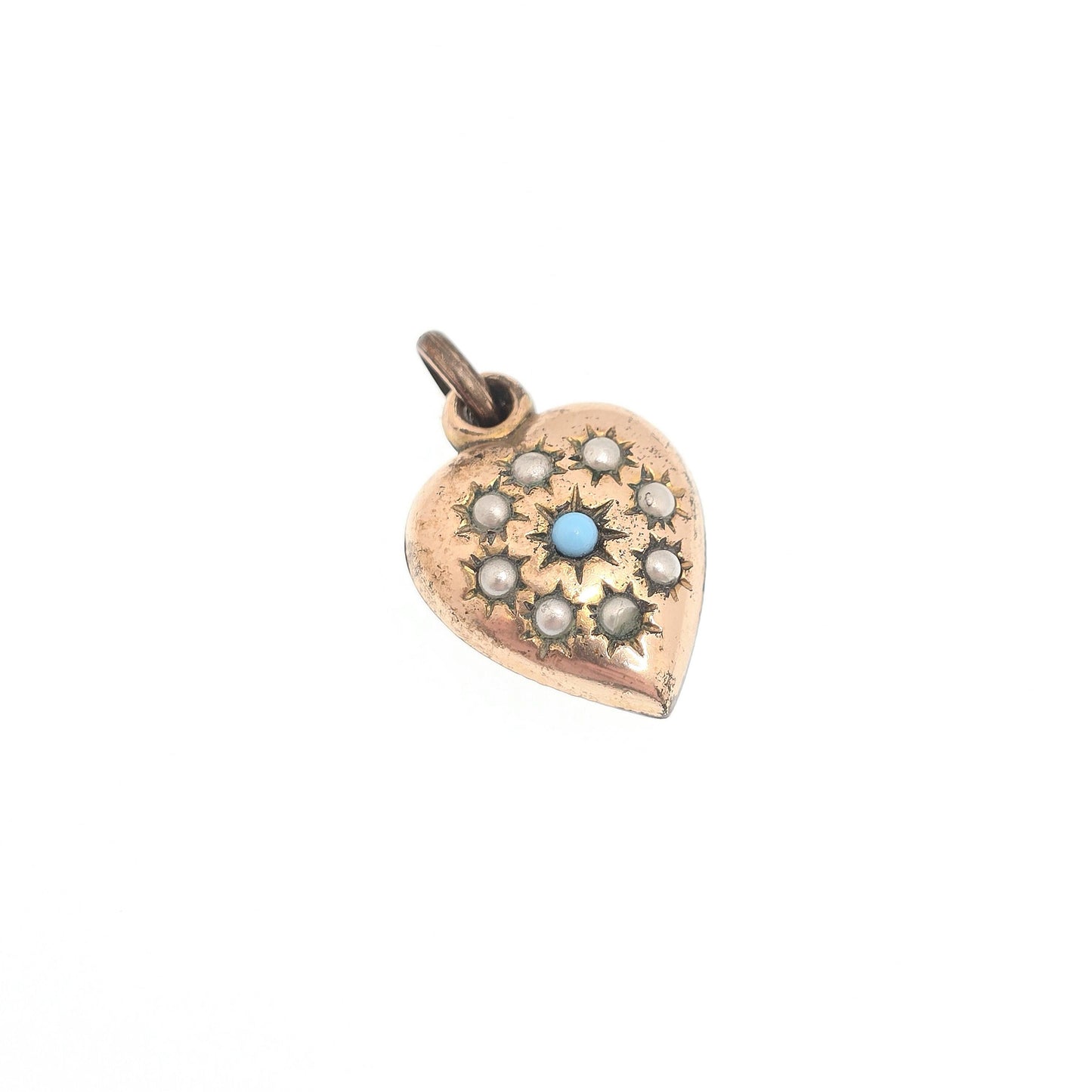 Antique Victorian Rolled Gold Heart Faux Seed Pearl Turquoise Necklace Pendant Charm Puffer Gold Filled Womens Jewelry Vintage Jewellery