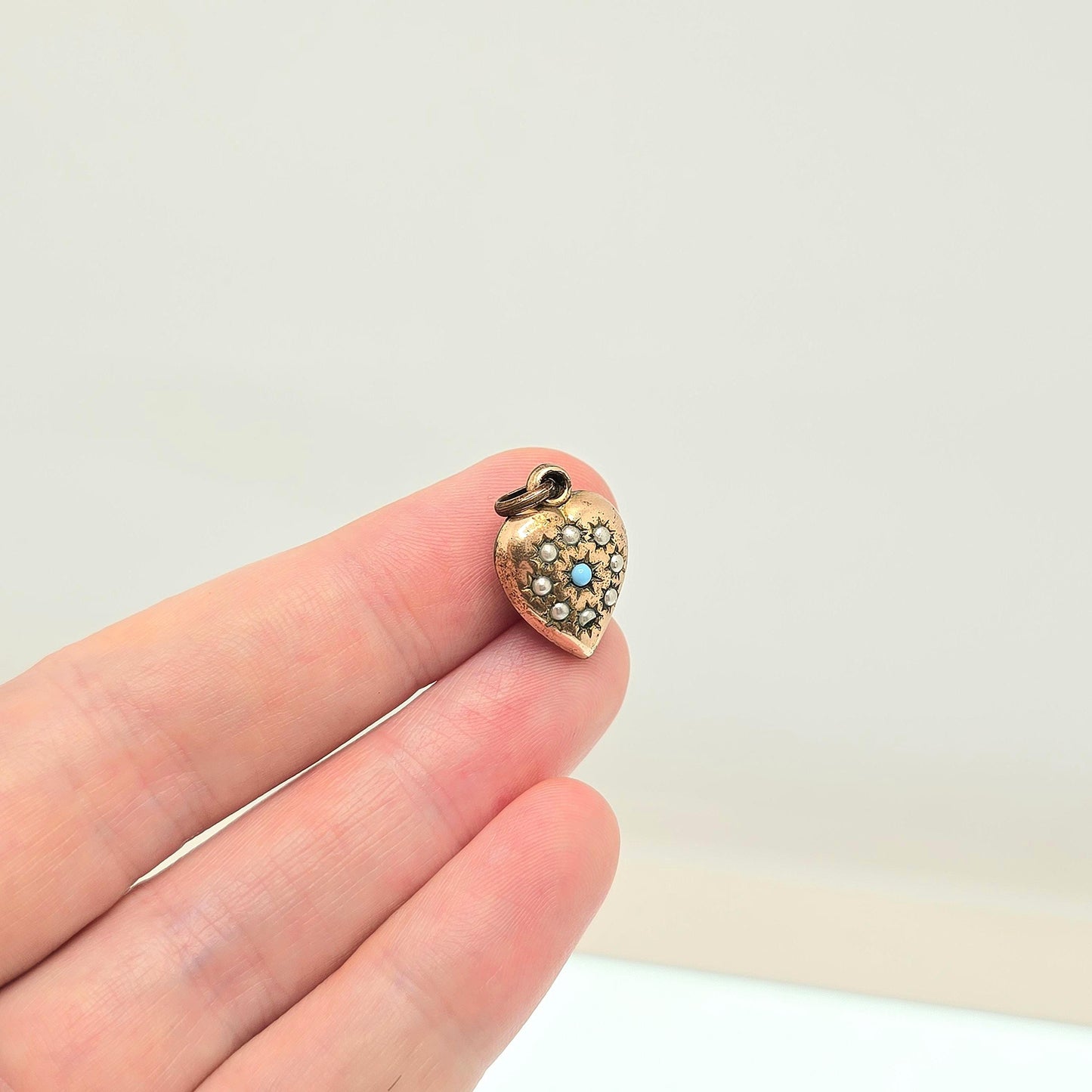 Antique Victorian Rolled Gold Heart Faux Seed Pearl Turquoise Necklace Pendant Charm Puffer Gold Filled Womens Jewelry Vintage Jewellery