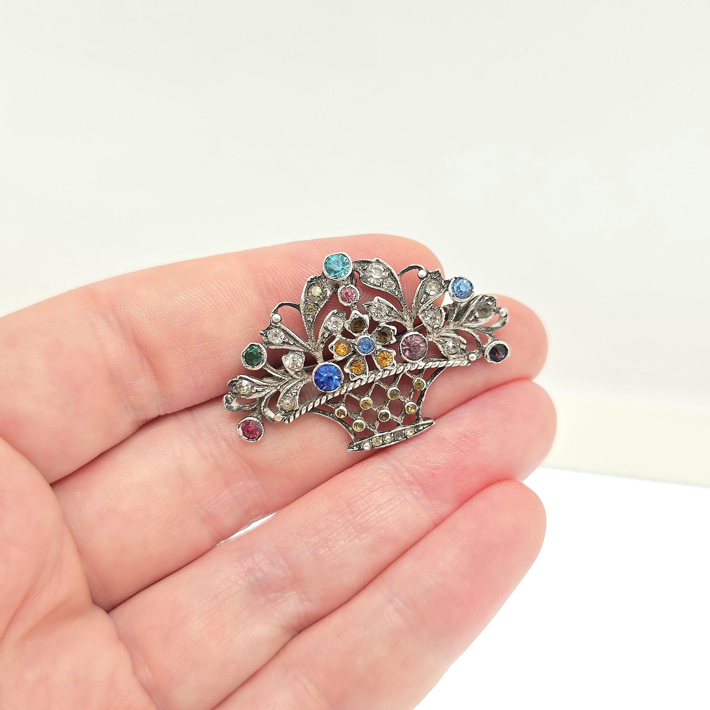 Antique Solid Silver Victorian Giardinetti Brooch Paste Little Garden Flower Basket Large Italian Gift Vintage Womens Jewelry Jewellery