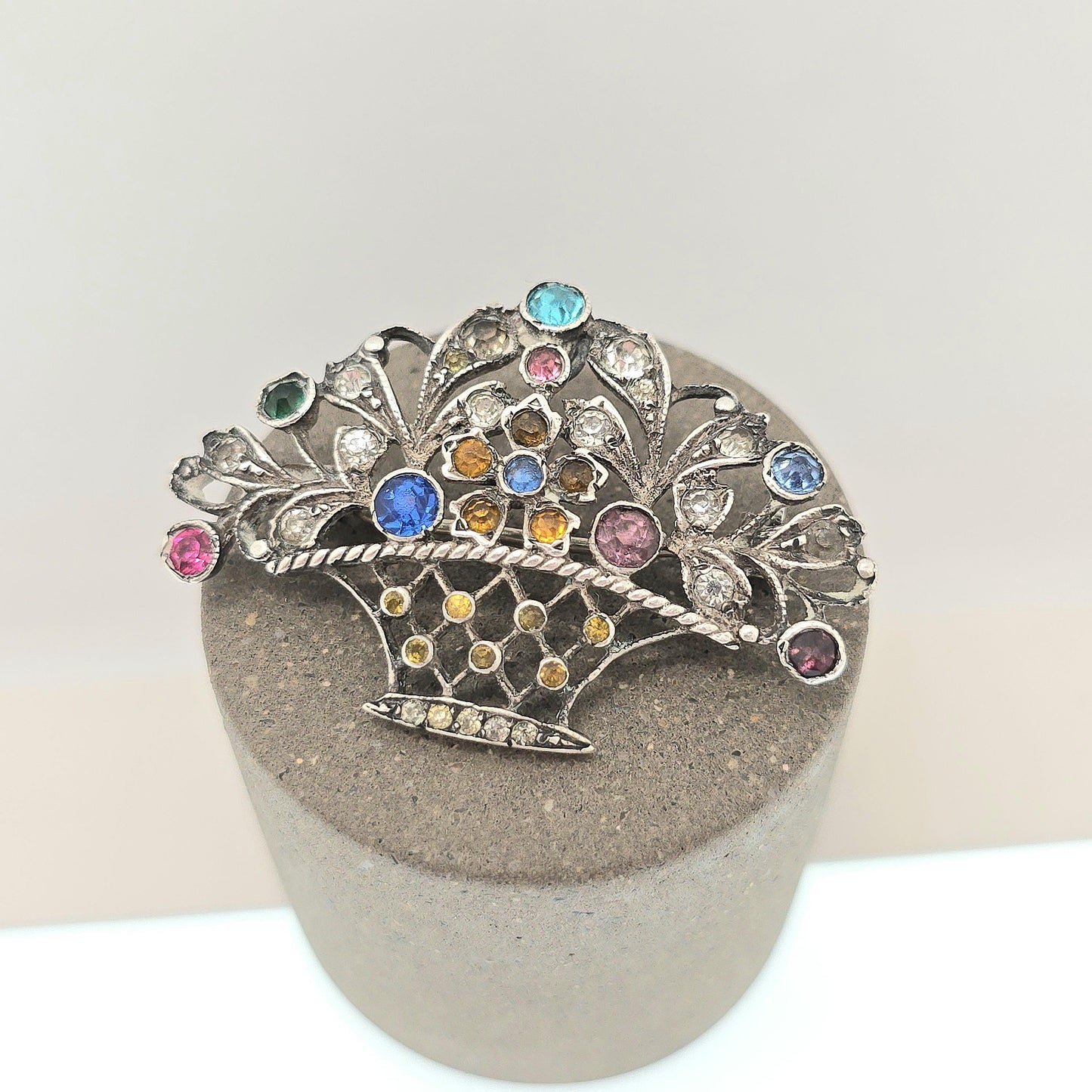 Antique Solid Silver Victorian Giardinetti Brooch Paste Little Garden Flower Basket Large Italian Gift Vintage Womens Jewelry Jewellery