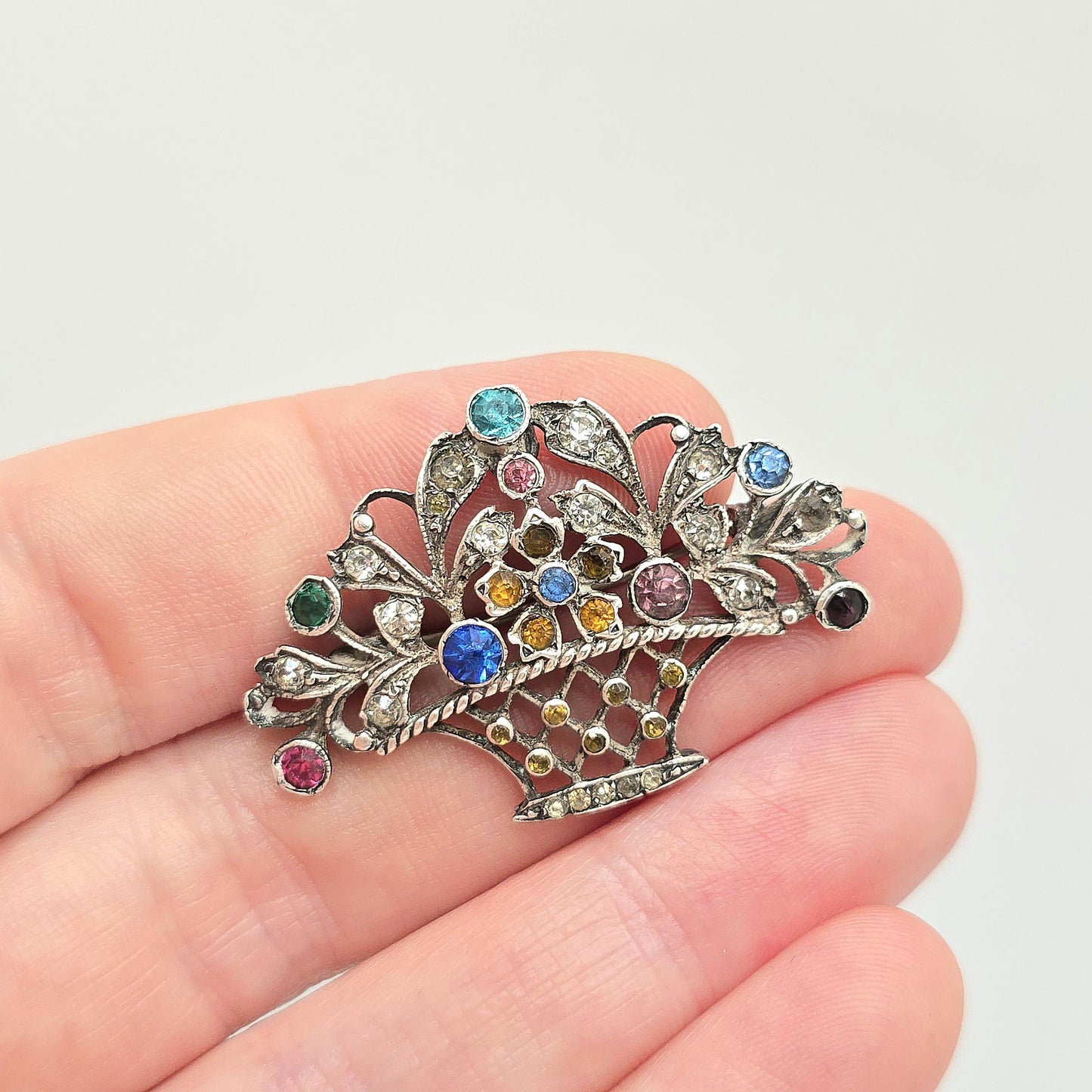 Antique Solid Silver Victorian Giardinetti Brooch Paste Little Garden Flower Basket Large Italian Gift Vintage Womens Jewelry Jewellery